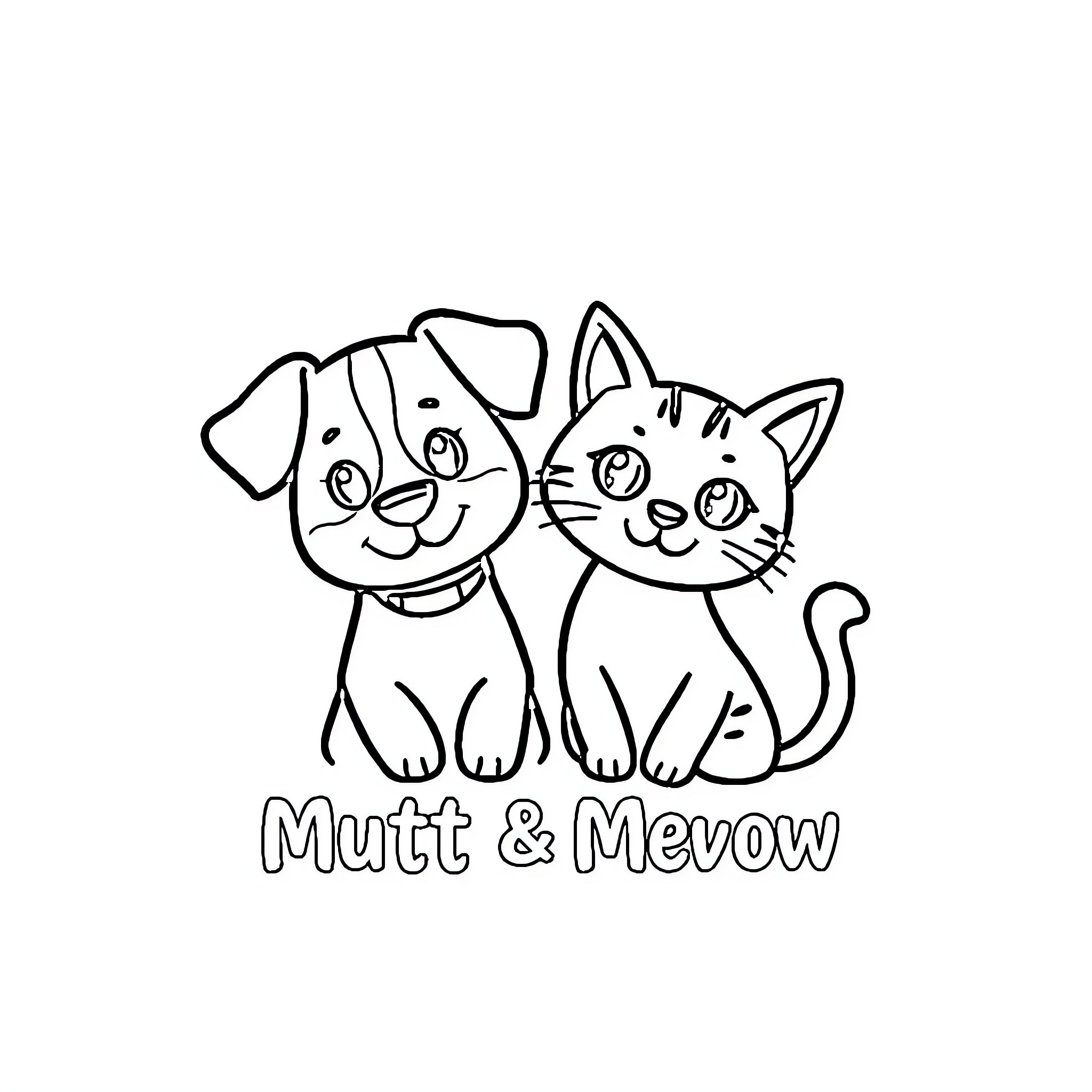 Dog and Cat friends happily together Coloring Page (free black-and-white line drawing printable PDF for all, from beginners to advanced learners, including children, teens, adults, and seniors)