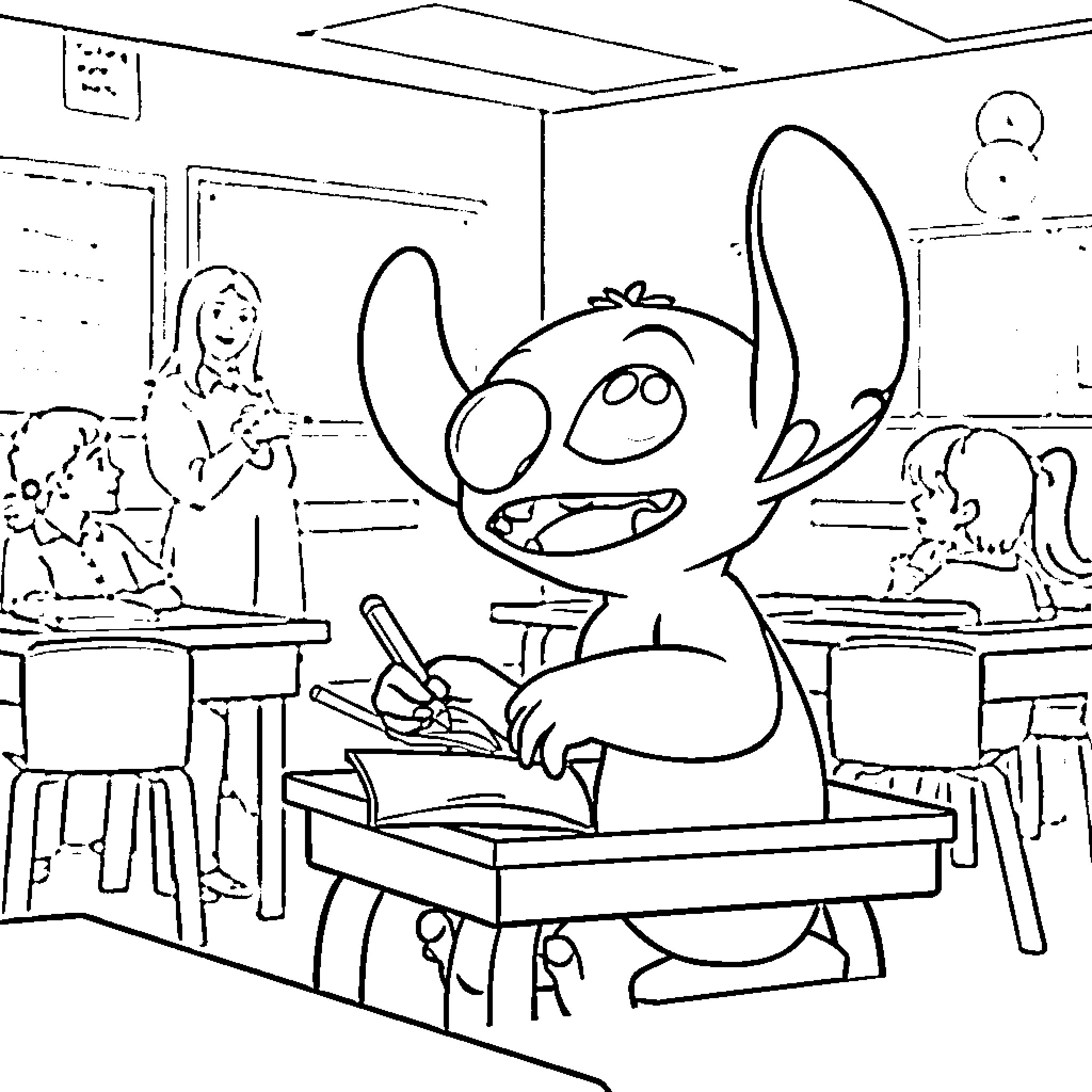 Stitch studying hard in the classroom Coloring Page (free black-and-white line drawing printable PDF for all, from beginners to advanced learners, including children, teens, adults, and seniors)