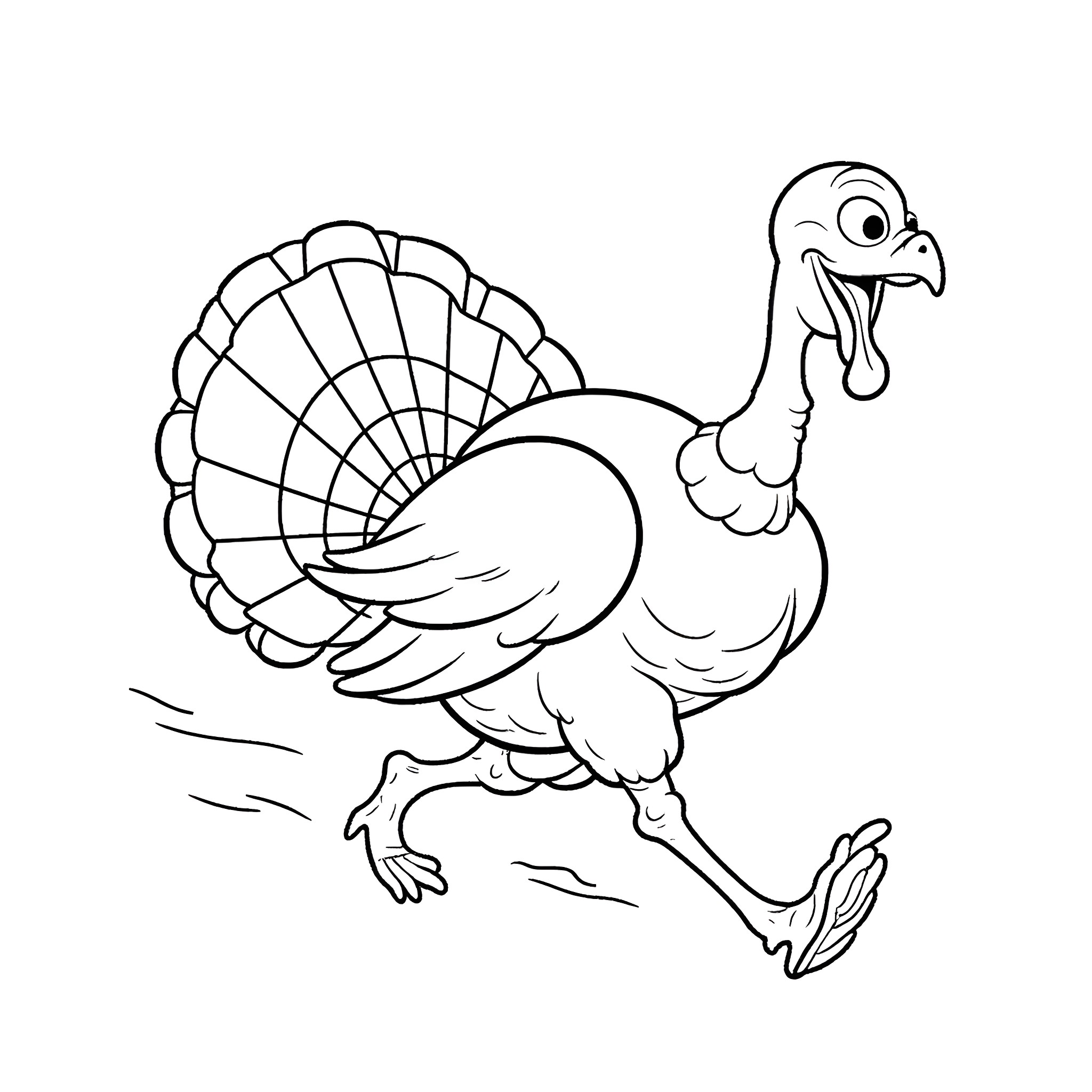 Turkey running excitedly on the ground Coloring Page (free black-and-white line drawing printable PDF for all, from beginners to advanced learners, including children, teens, adults, and seniors)