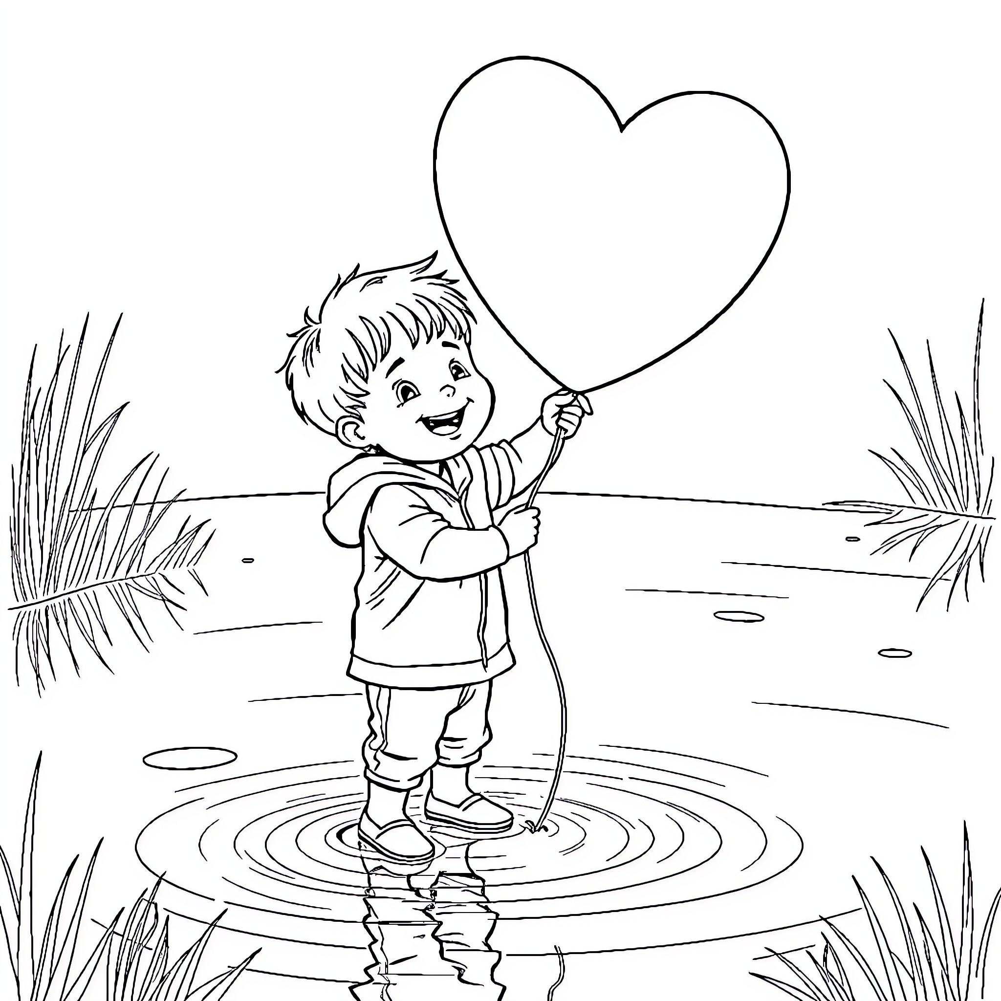 Child holding heart-shaped balloon in the park Coloring Page (free black-and-white line drawing printable PDF for all, from beginners to advanced learners, including children, teens, adults, and seniors)