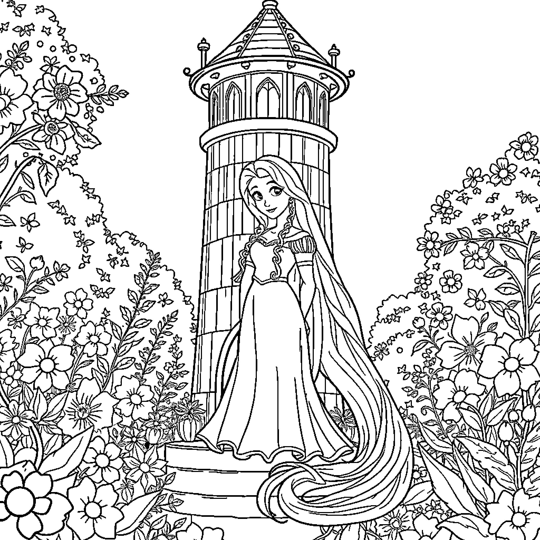 Rapunzel gazing from her enchanted tower amidst vibrant flora Coloring Page (free black-and-white line drawing printable PDF for all, from beginners to advanced learners, including children, teens, adults, and seniors)