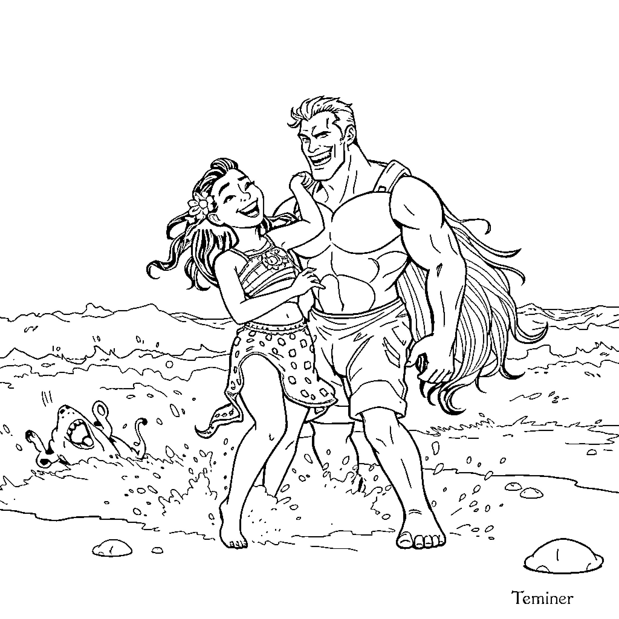 Moana and Maui enjoying the beach together Coloring Page (free black-and-white line drawing printable PDF for all, from beginners to advanced learners, including children, teens, adults, and seniors)