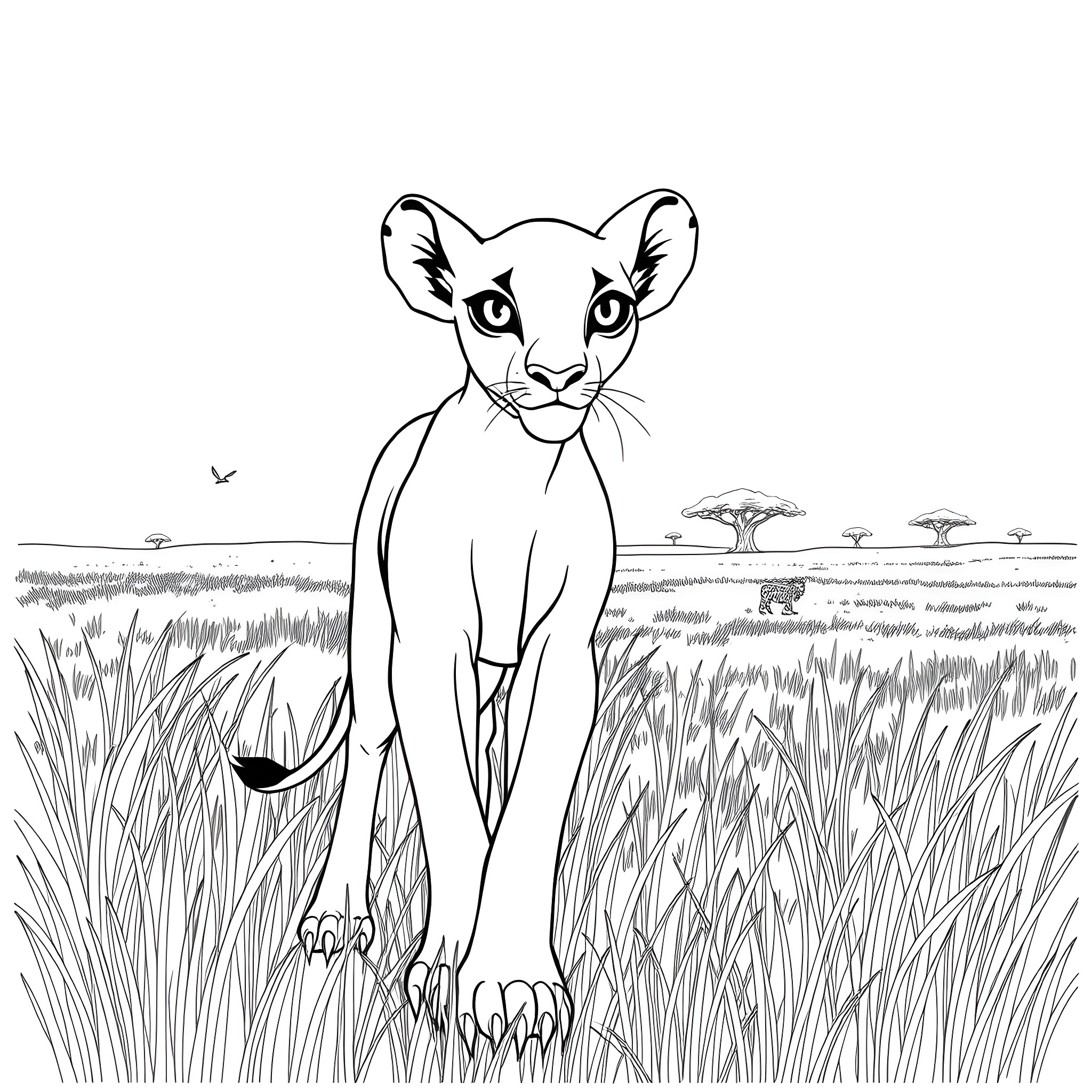 Nala the Lion Cub Exploring the Savanna Coloring Page (free black-and-white line drawing printable PDF for all, from beginners to advanced learners, including children, teens, adults, and seniors)