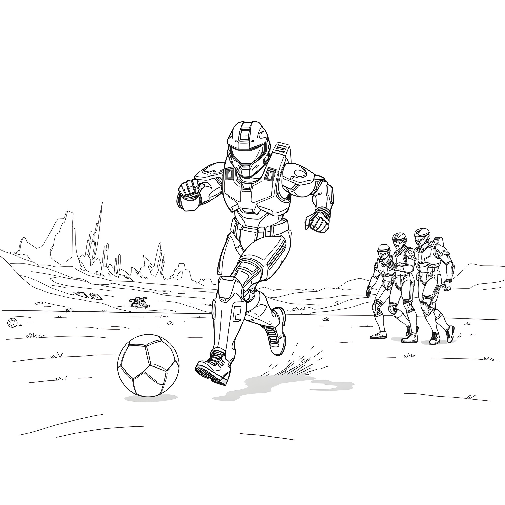Master Chief Playing Soccer with Alien Soldiers Coloring Page (free black-and-white line drawing printable PDF for all, from beginners to advanced learners, including children, teens, adults, and seniors)