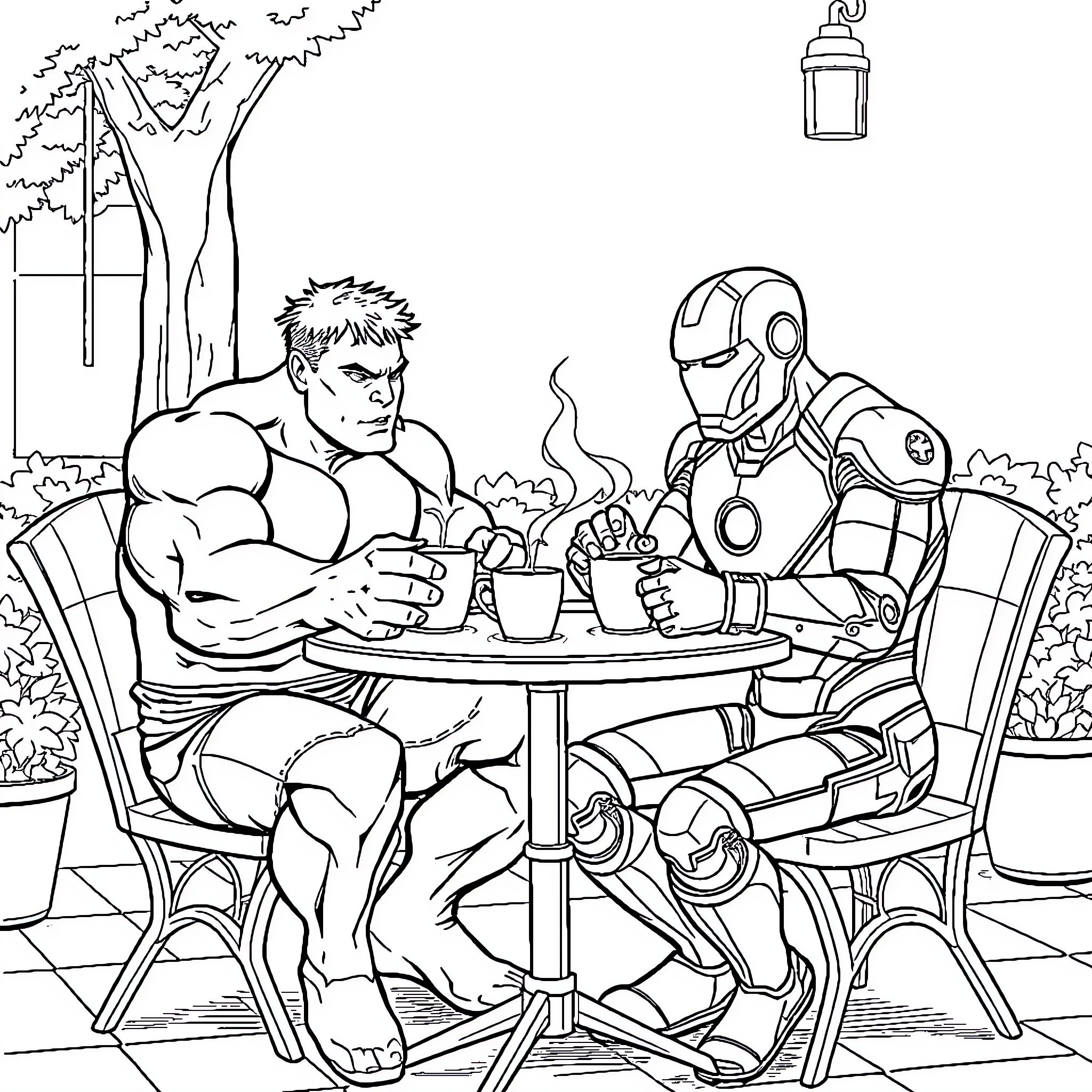 Hulk and Iron Man enjoying a coffee break together Coloring Page (free black-and-white line drawing printable PDF for all, from beginners to advanced learners, including children, teens, adults, and seniors)