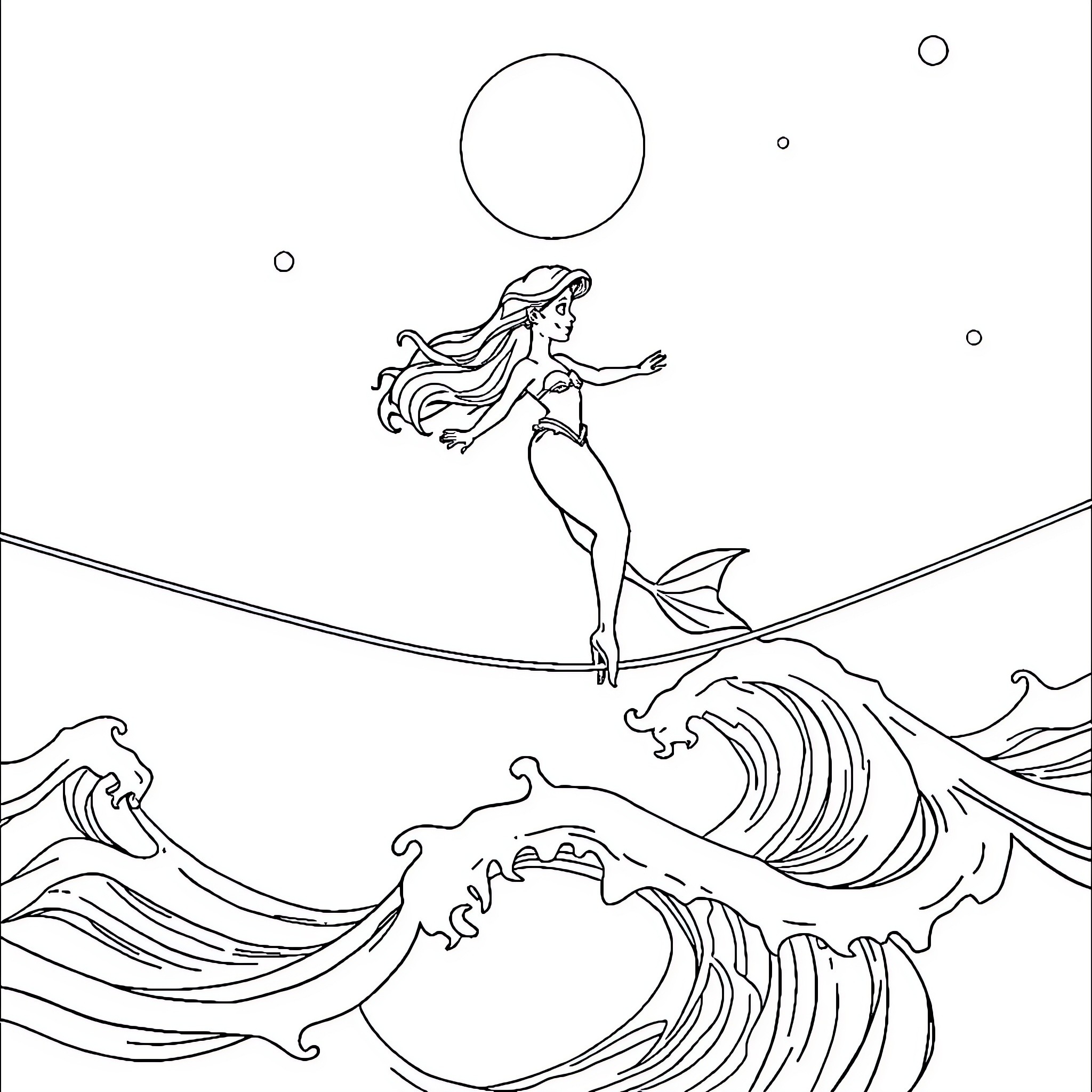 Mermaid Swimming Amid Crashing Waves Coloring Page (free black-and-white line drawing printable PDF for all, from beginners to advanced learners, including children, teens, adults, and seniors)