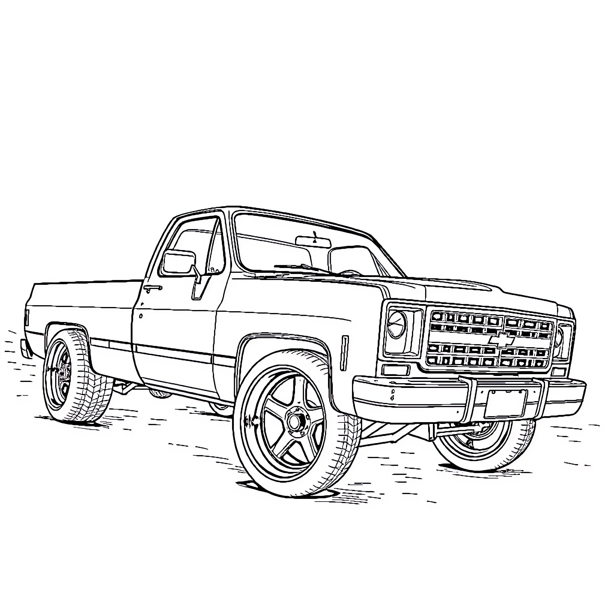 Chevy Pickup Truck in Bold Outline Coloring Page (free black-and-white line drawing printable PDF for all, from beginners to advanced learners, including children, teens, adults, and seniors)