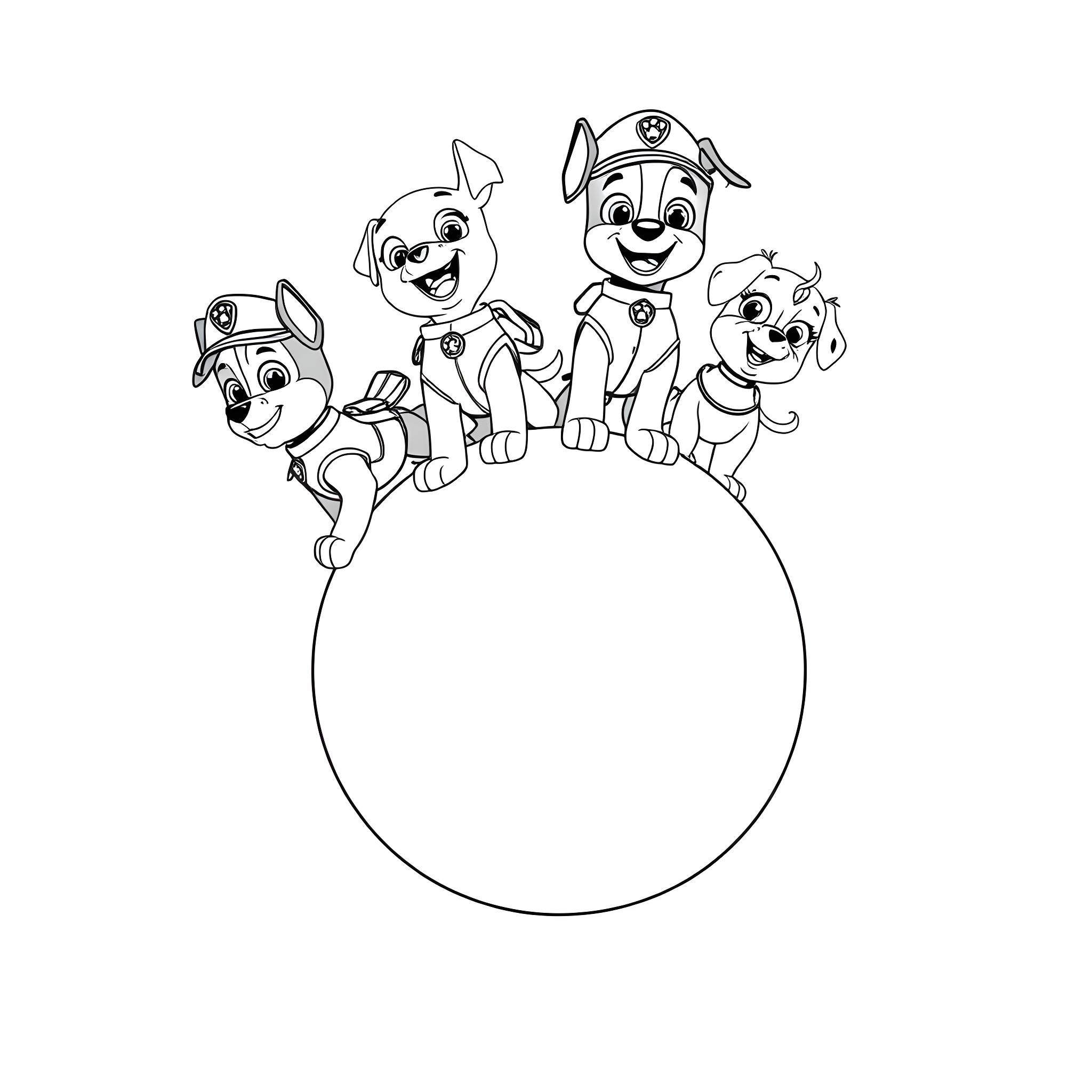 Paw Patrol pups in action posing together Coloring Page (free black-and-white line drawing printable PDF for all, from beginners to advanced learners, including children, teens, adults, and seniors)