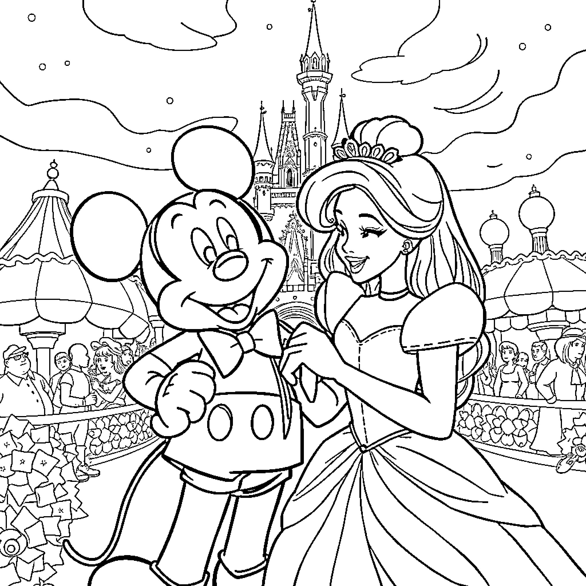 Disney Characters in a Fairytale Castle Scene Coloring Page (free black-and-white line drawing printable PDF for all, from beginners to advanced learners, including children, teens, adults, and seniors)