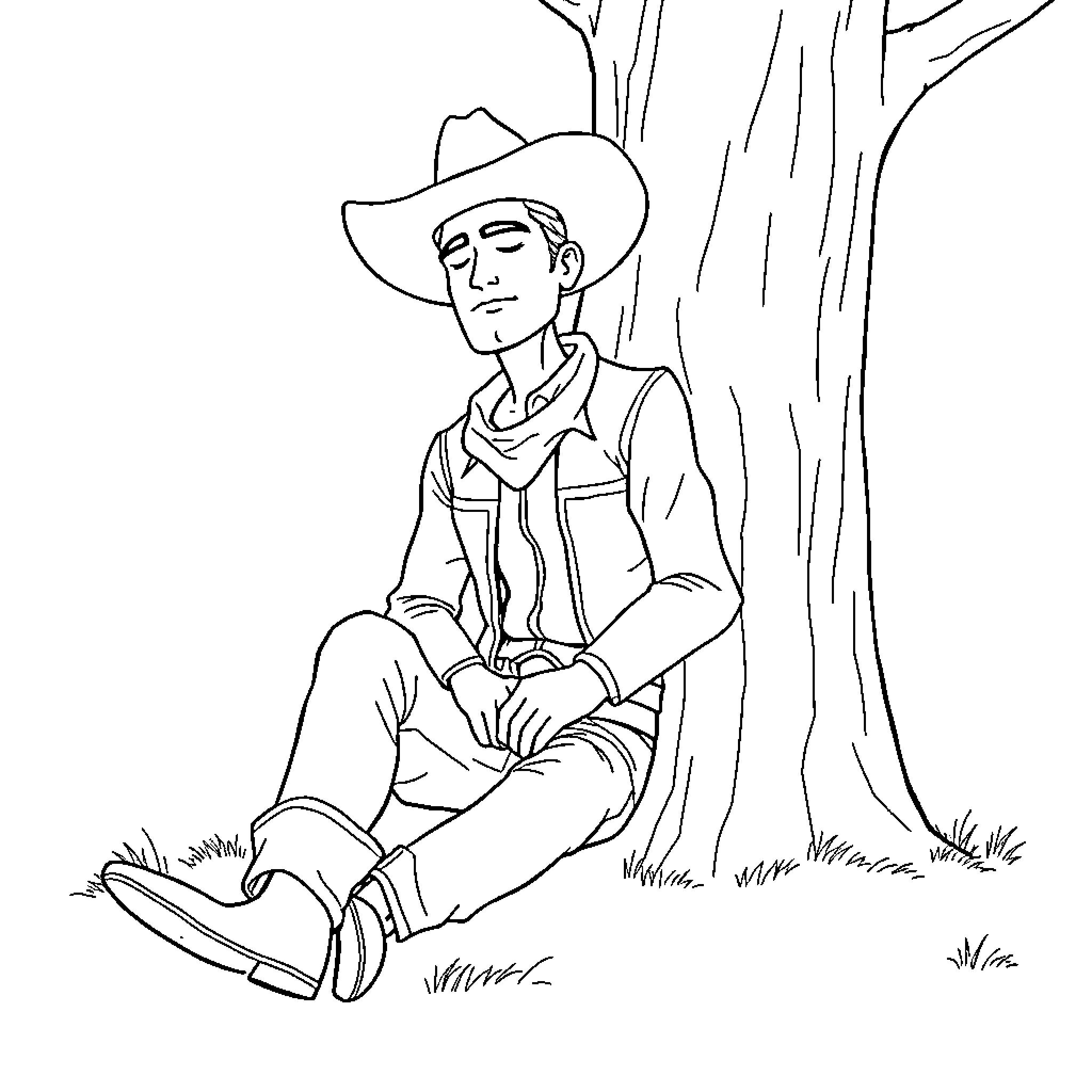Cowboy resting against a tree Coloring Page (free black-and-white line drawing printable PDF for all, from beginners to advanced learners, including children, teens, adults, and seniors)
