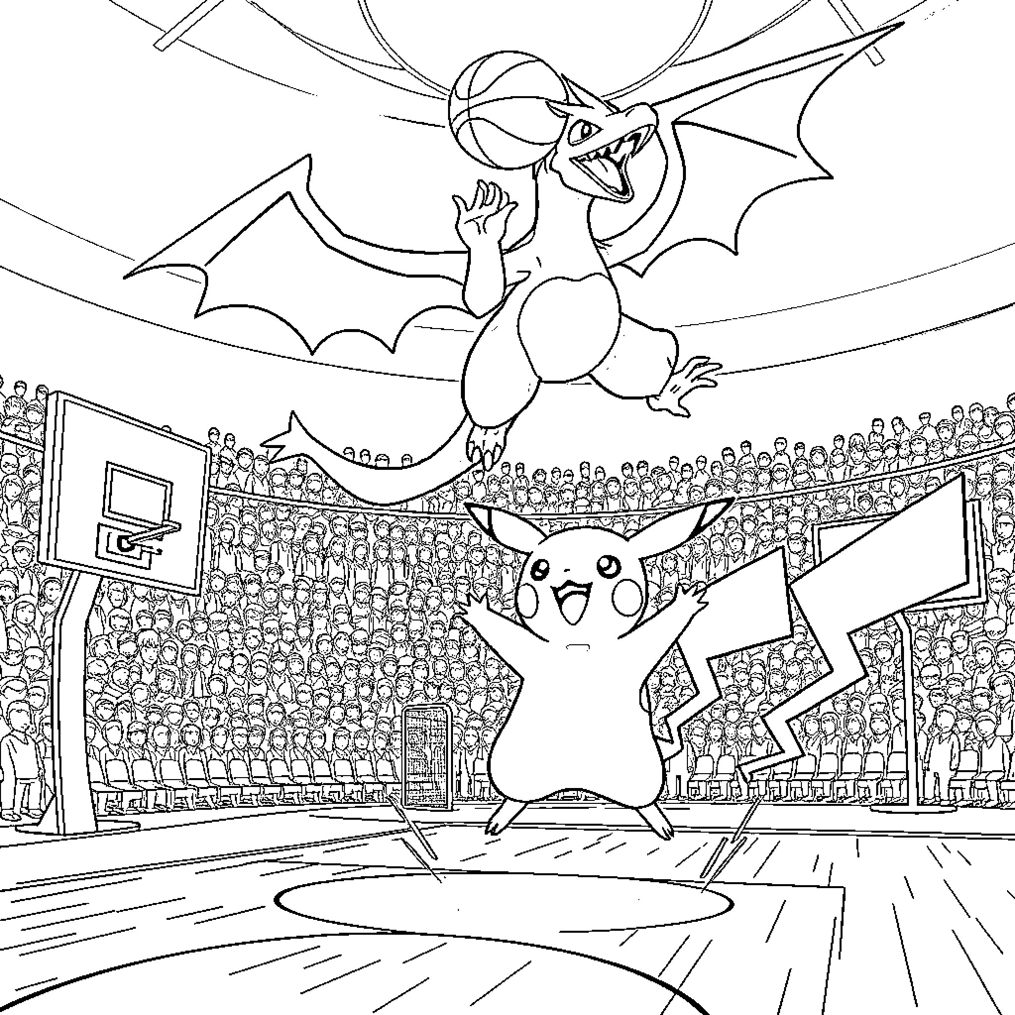 Charizard engaged in basketball game with Pikachu Coloring Page (free black-and-white line drawing printable PDF for all, from beginners to advanced learners, including children, teens, adults, and seniors)