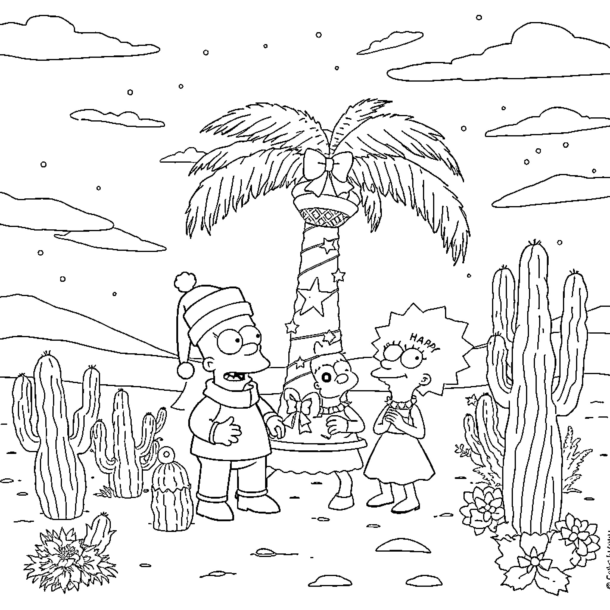 Los Simpsons celebrating holidays in the desert Coloring Page (free black-and-white line drawing printable PDF for all, from beginners to advanced learners, including children, teens, adults, and seniors)
