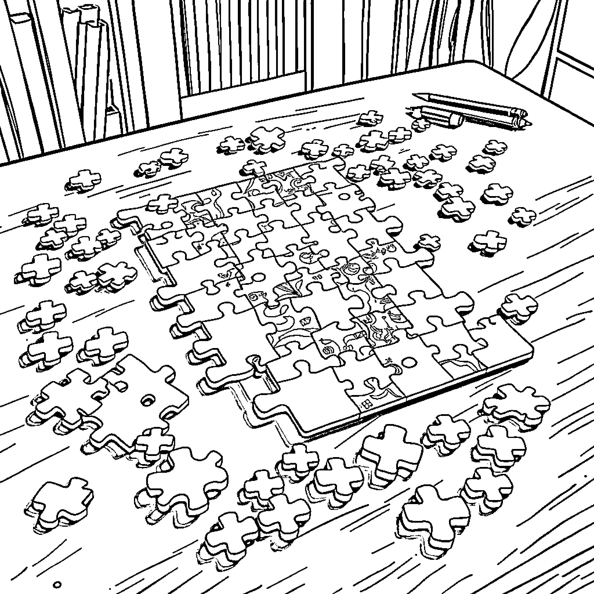 Puzzle pieces scattered across the table Coloring Page (free black-and-white line drawing printable PDF for all, from beginners to advanced learners, including children, teens, adults, and seniors)