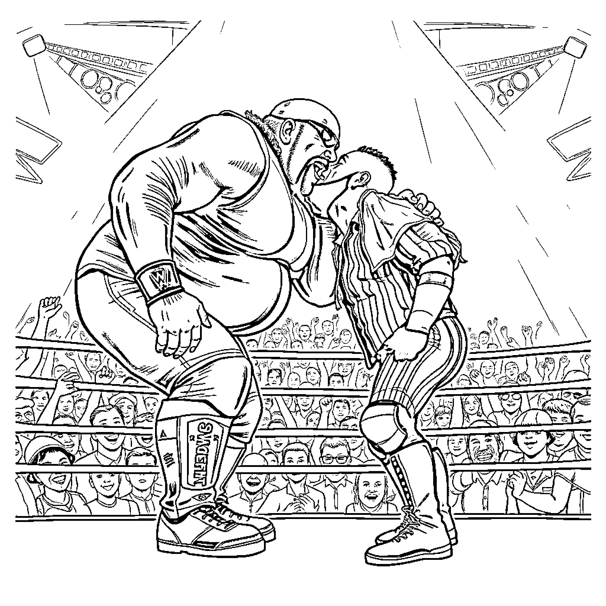 Hulk Hogan wrestling an opponent in a crowded arena Coloring Page (free black-and-white line drawing printable PDF for all, from beginners to advanced learners, including children, teens, adults, and seniors)