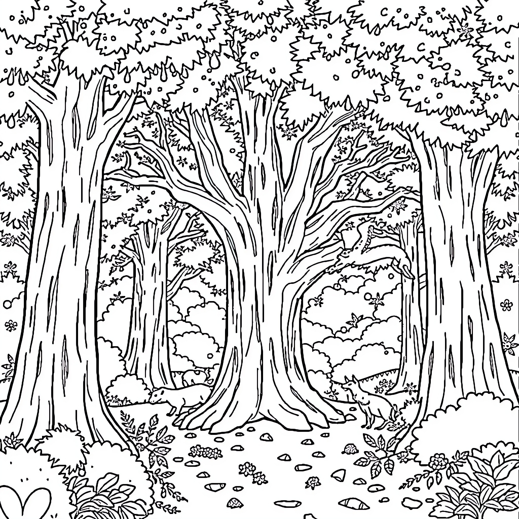 Tree-lined forest scene with intricate vegetation Coloring Page (free black-and-white line drawing printable PDF for all, from beginners to advanced learners, including children, teens, adults, and seniors)