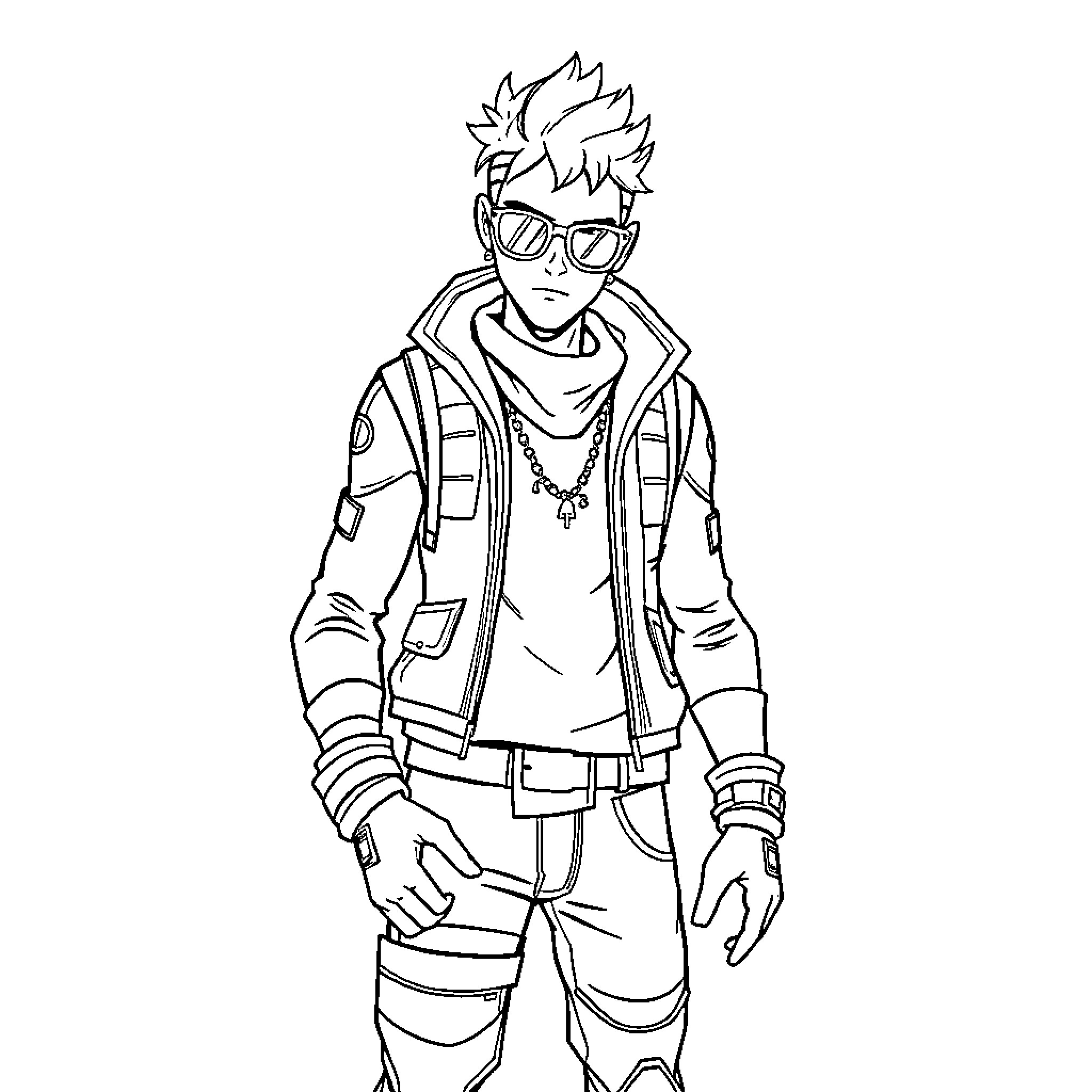 Fortnite Character in Casual Outfit with Accessories Coloring Page (free black-and-white line drawing printable PDF for all, from beginners to advanced learners, including children, teens, adults, and seniors)