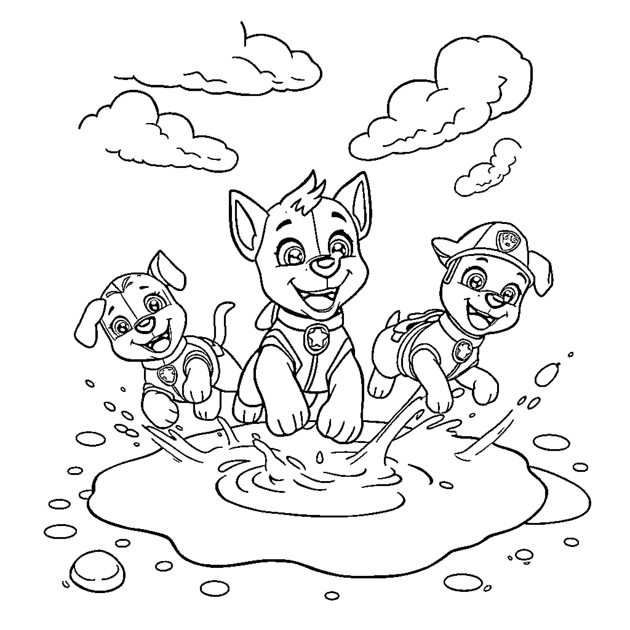 Paw Patrol puppies playing in puddles Coloring Page (free black-and-white line drawing printable PDF for all, from beginners to advanced learners, including children, teens, adults, and seniors)