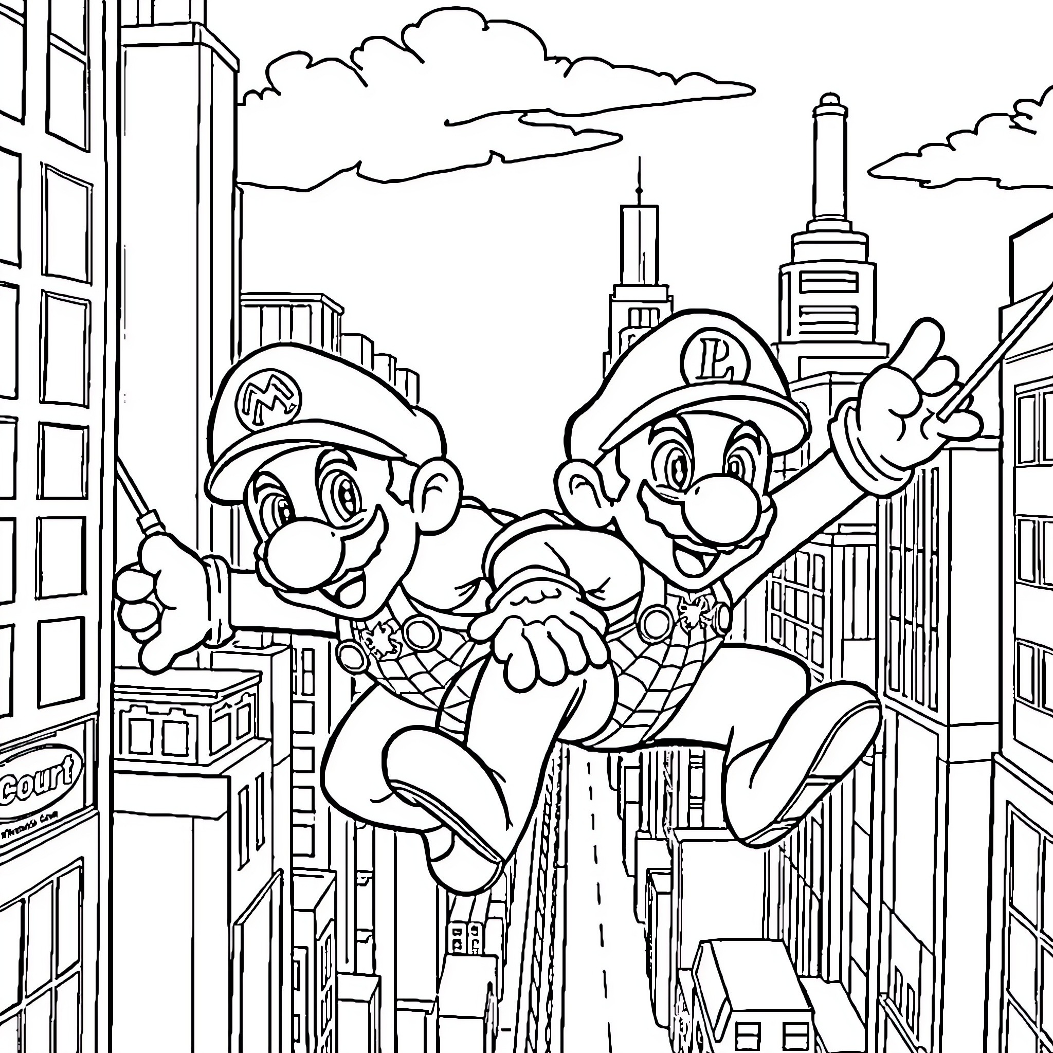 Mario and Luigi's Exciting Adventure in the City Coloring Page (free black-and-white line drawing printable PDF for all, from beginners to advanced learners, including children, teens, adults, and seniors)