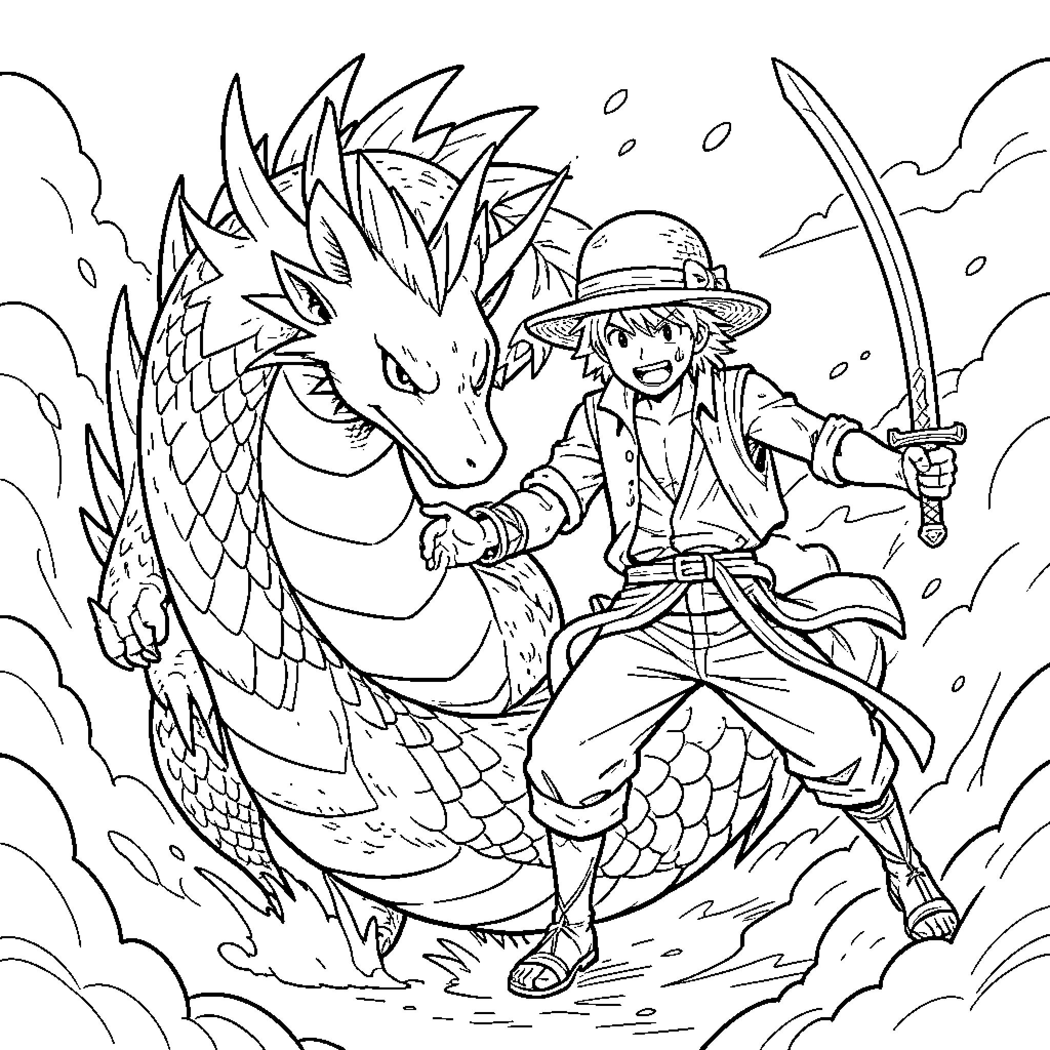 Dracofeu boy warrior posing with a massive dragon Coloring Page (free black-and-white line drawing printable PDF for all, from beginners to advanced learners, including children, teens, adults, and seniors)