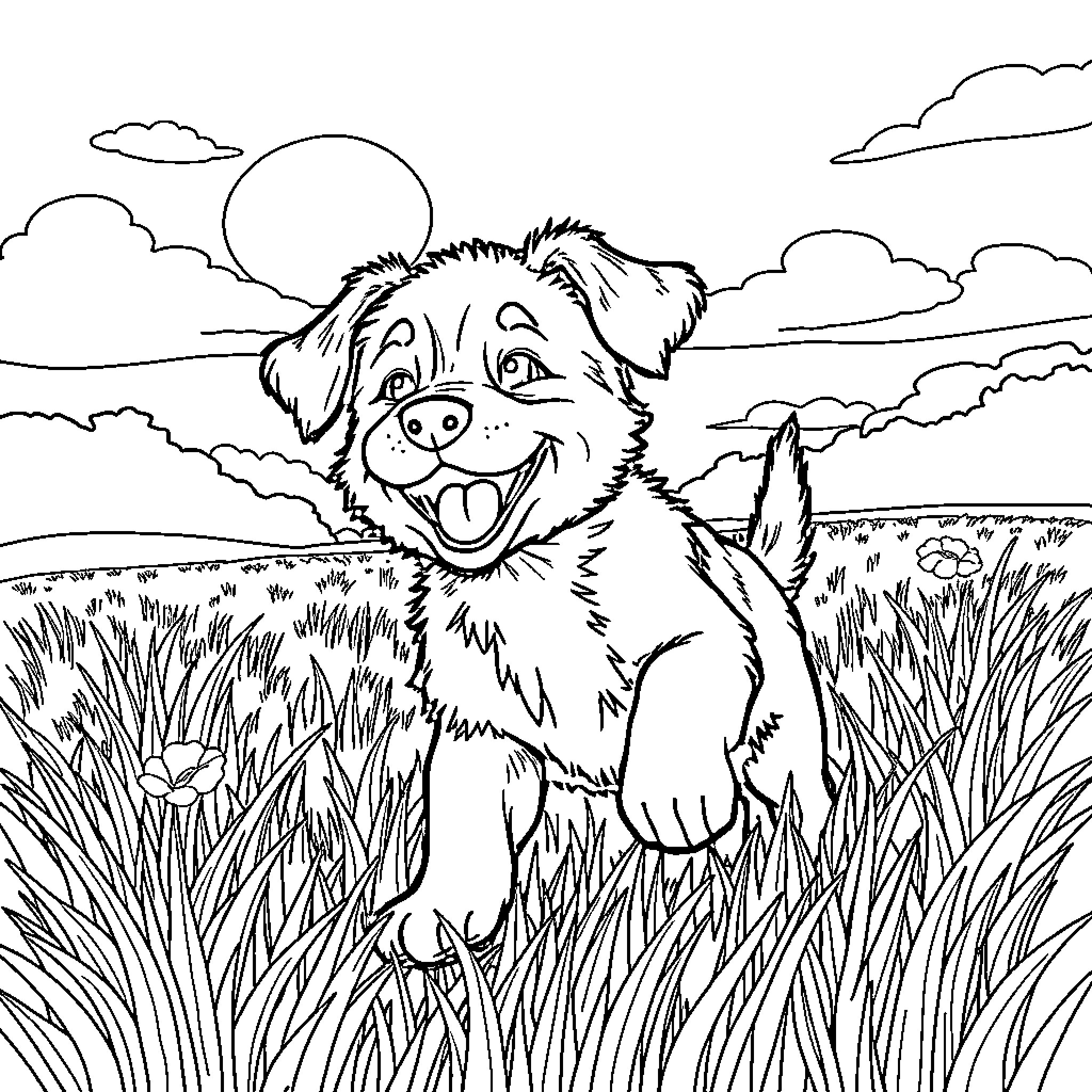 Puppy exploring the outdoors joyfully Coloring Page (free black-and-white line drawing printable PDF for all, from beginners to advanced learners, including children, teens, adults, and seniors)
