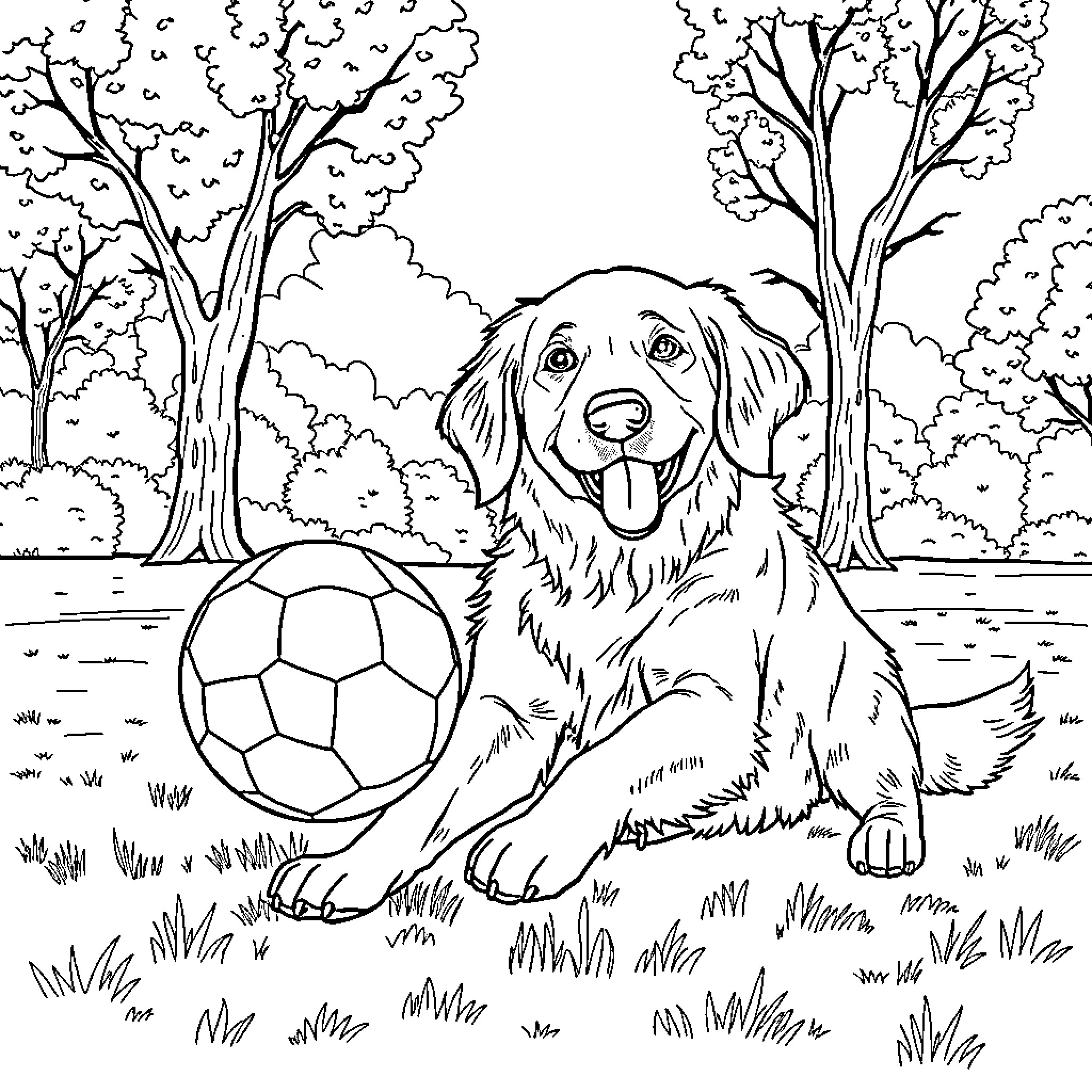 Golden Retriever playing with soccer ball in nature Coloring Page (free black-and-white line drawing printable PDF for all, from beginners to advanced learners, including children, teens, adults, and seniors)