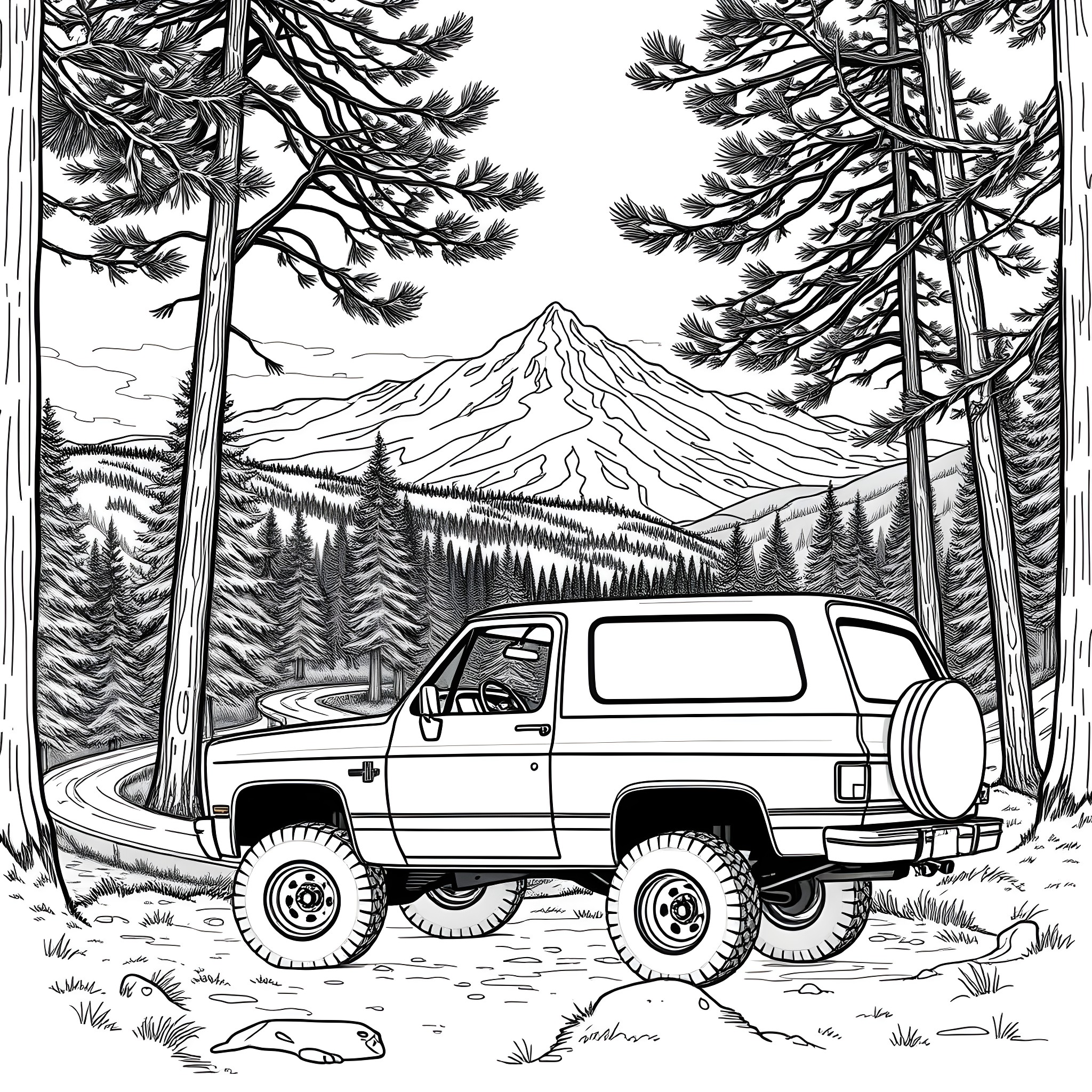 Chevy Blazer off-roading in the wilderness Coloring Page (free black-and-white line drawing printable PDF for all, from beginners to advanced learners, including children, teens, adults, and seniors)