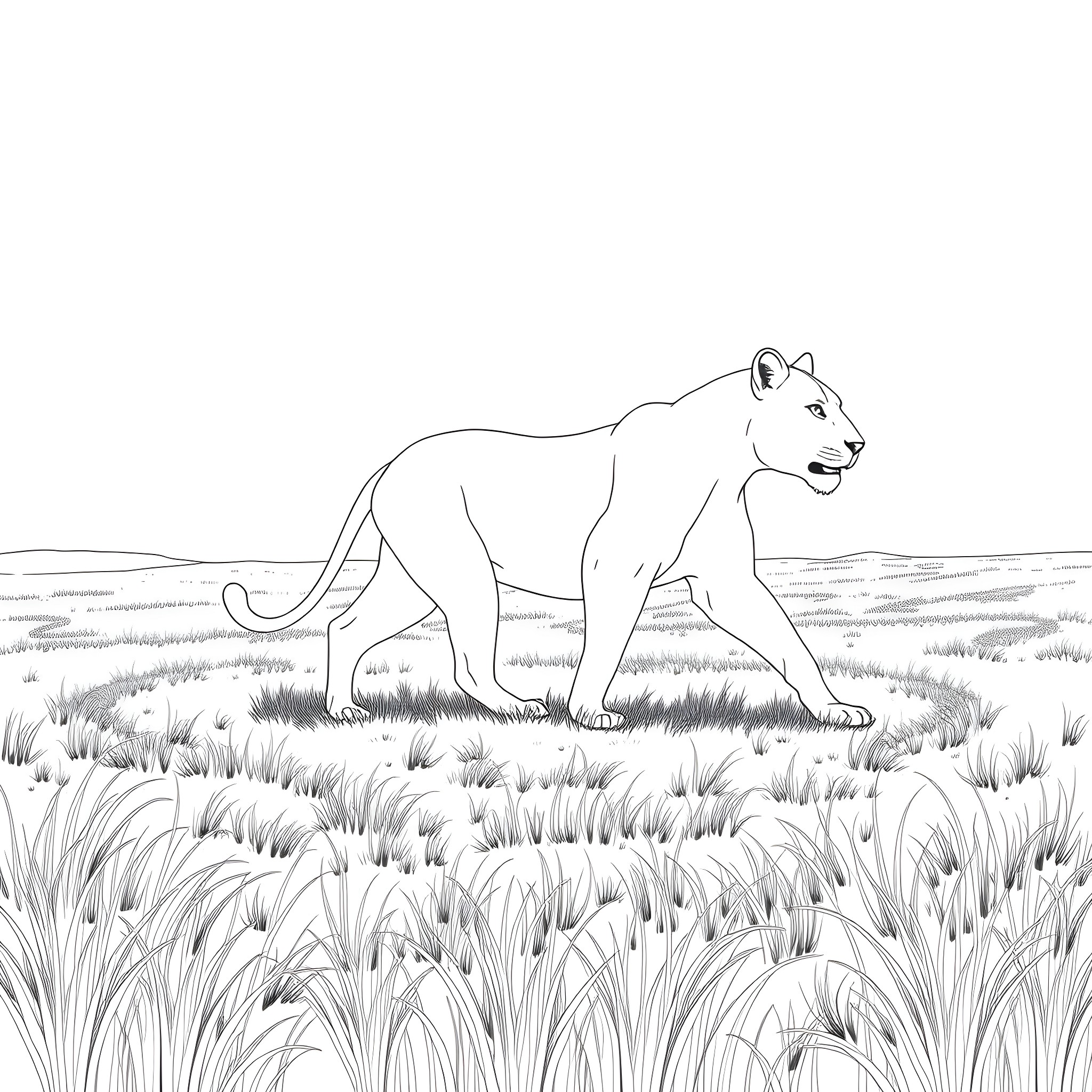 Lioness stalking through the tall grass Coloring Page (free black-and-white line drawing printable PDF for all, from beginners to advanced learners, including children, teens, adults, and seniors)