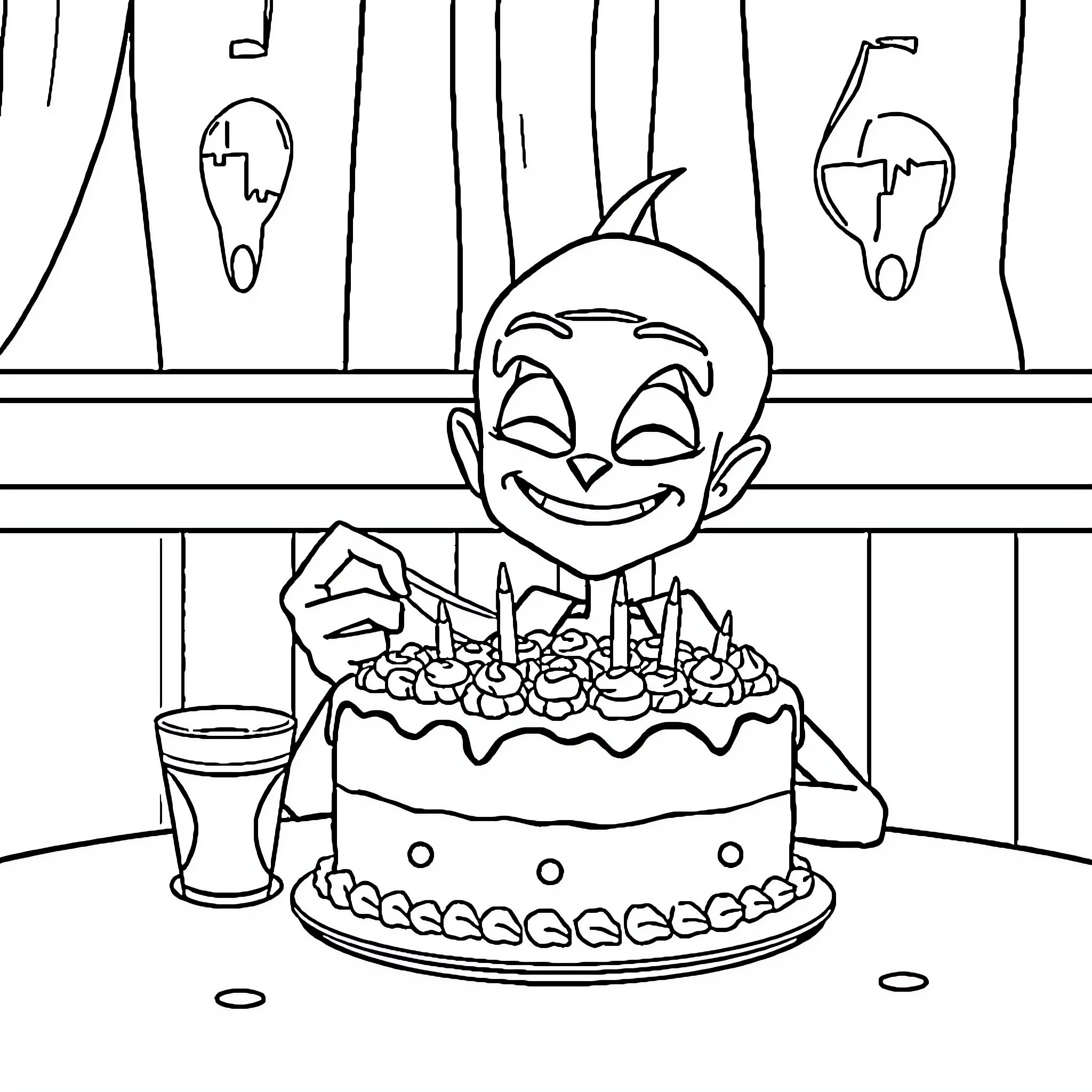Megamind enjoying a birthday cake Coloring Page (free black-and-white line drawing printable PDF for all, from beginners to advanced learners, including children, teens, adults, and seniors)