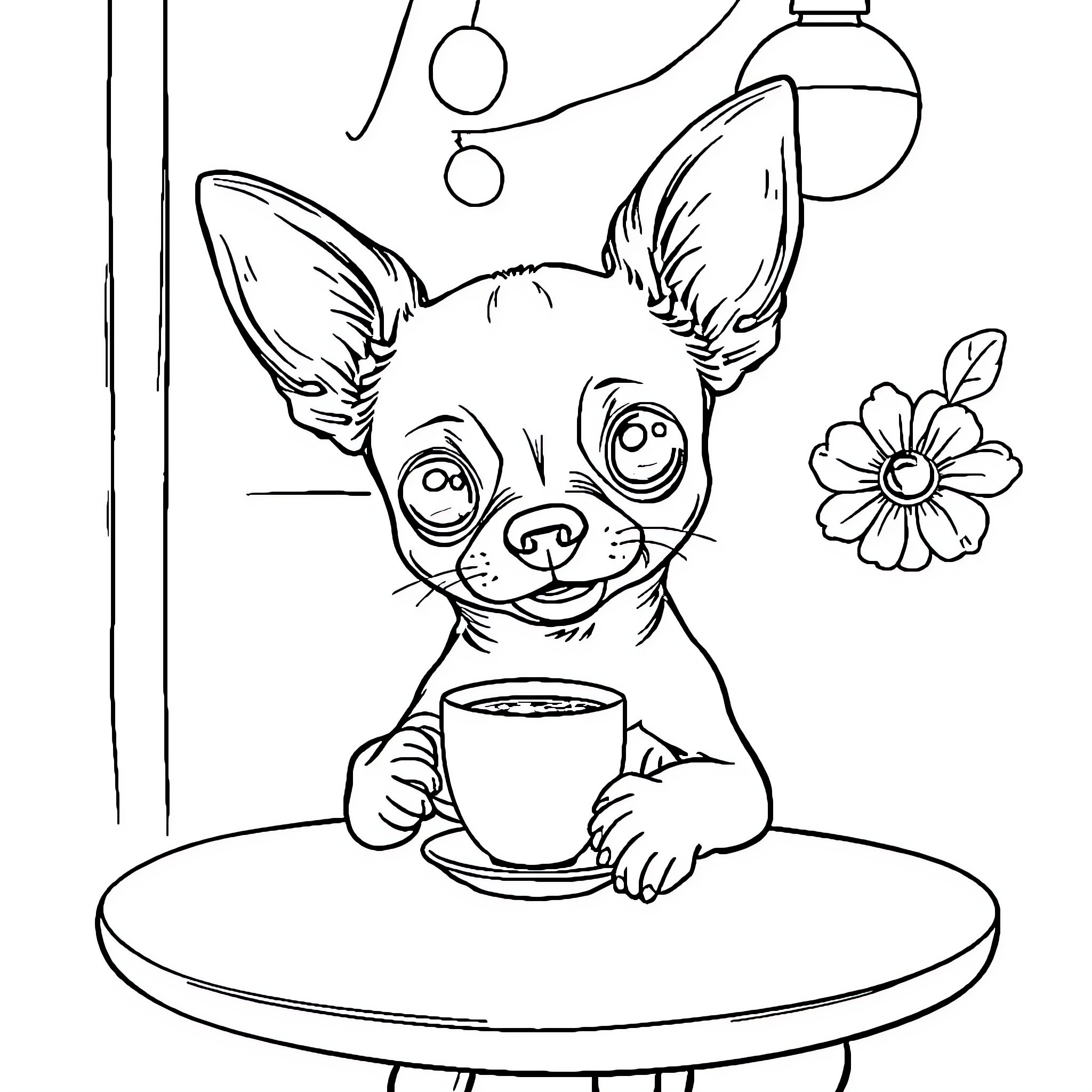 Chihuahua enjoying a cozy drink in a whimsical setting Coloring Page (free black-and-white line drawing printable PDF for all, from beginners to advanced learners, including children, teens, adults, and seniors)