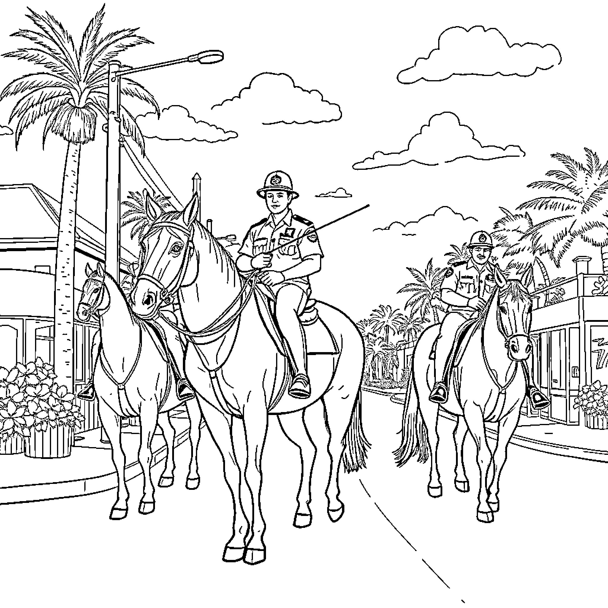 Police Officers Patrolling on Horseback in Tropical Setting Coloring Page (free black-and-white line drawing printable PDF for all, from beginners to advanced learners, including children, teens, adults, and seniors)