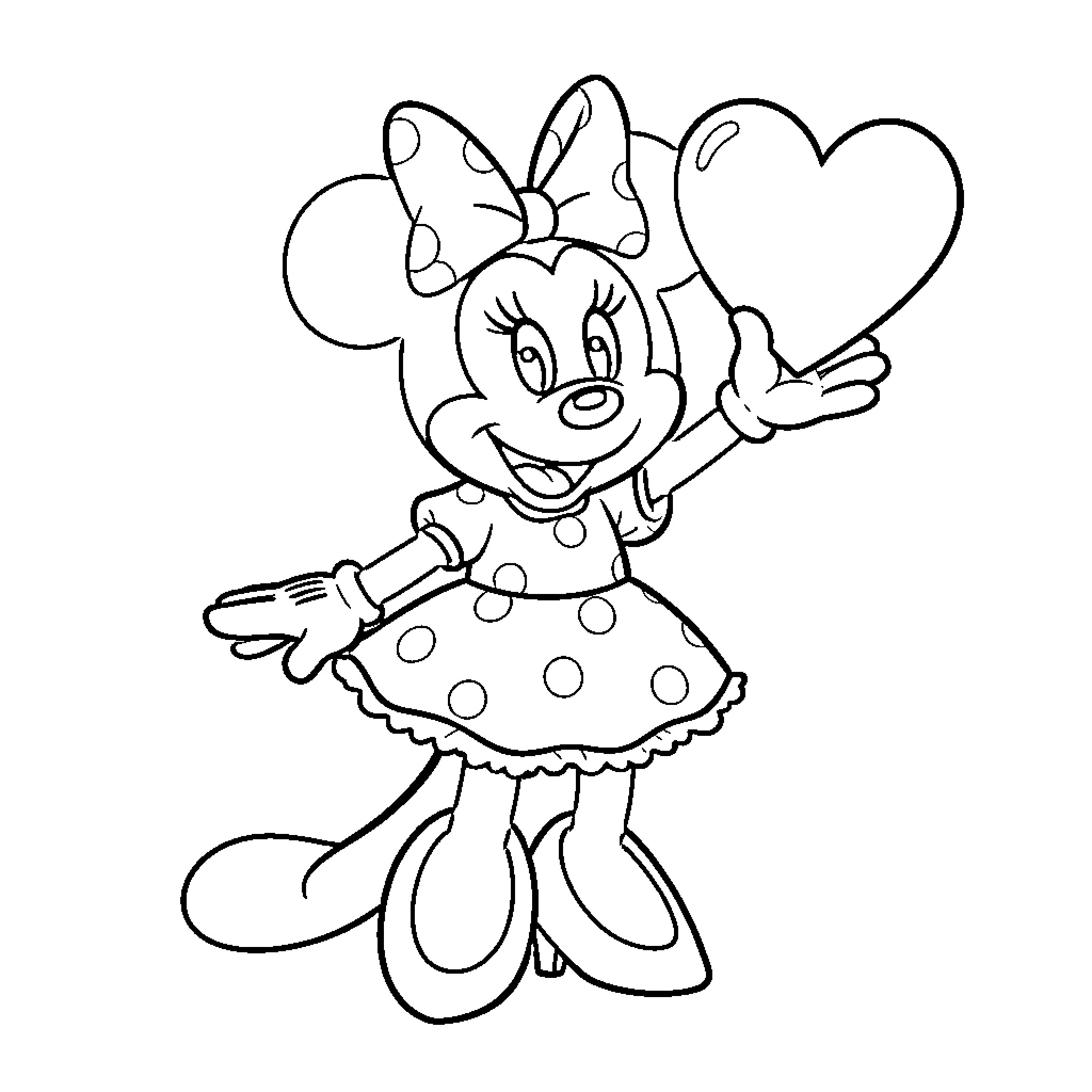 Minnie Mouse smiling while holding a large heart Coloring Page (free black-and-white line drawing printable PDF for all, from beginners to advanced learners, including children, teens, adults, and seniors)