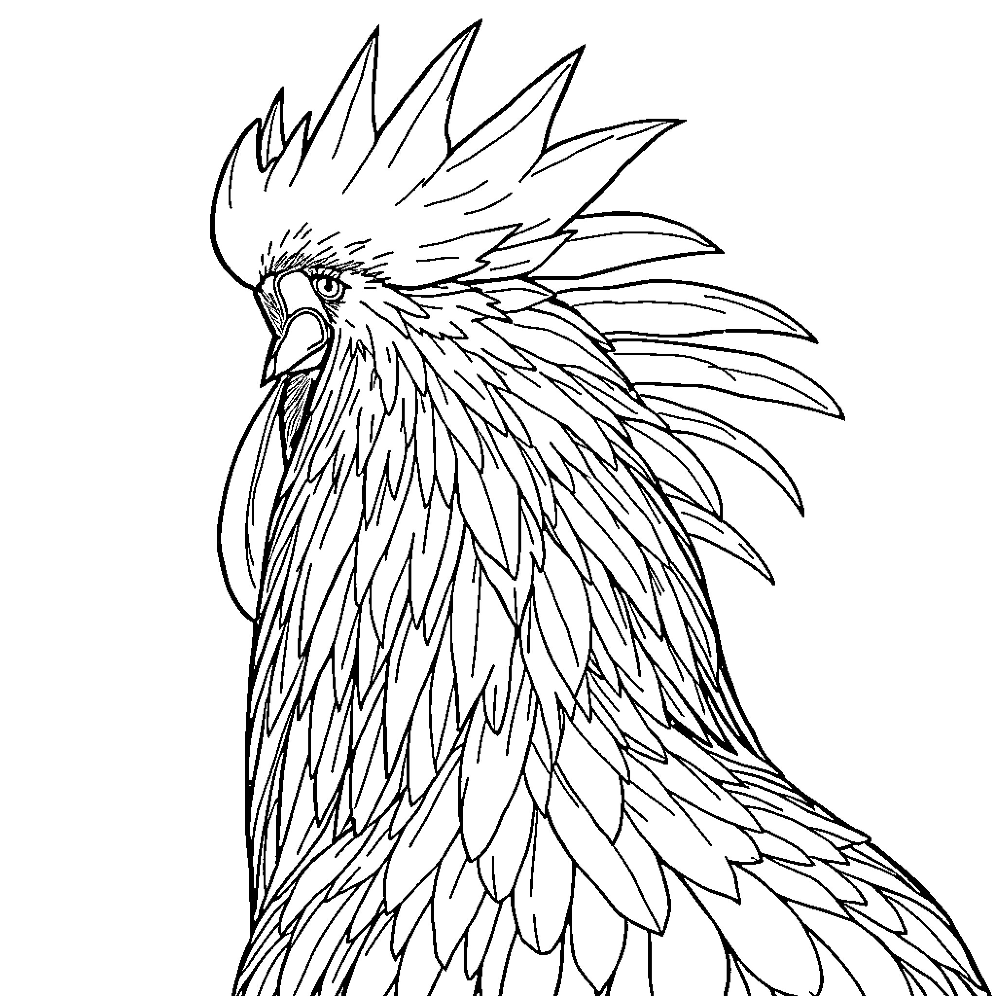 Rooster with striking feather display Coloring Page (free black-and-white line drawing printable PDF for all, from beginners to advanced learners, including children, teens, adults, and seniors)