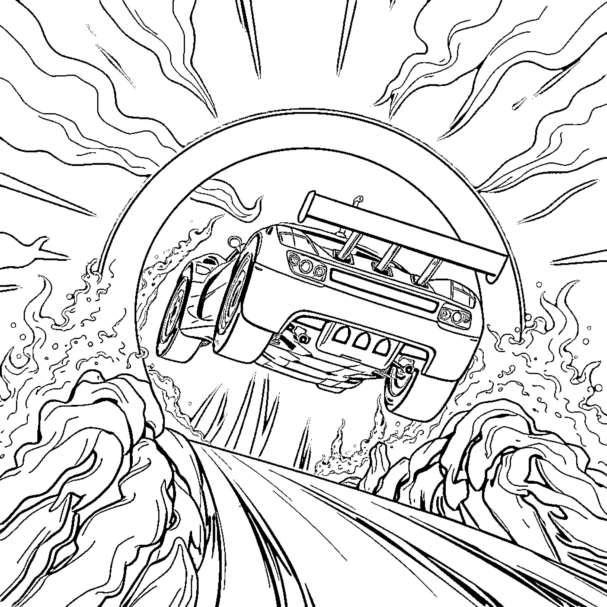 Race Car Speeding Through Winding Road at Sunset Coloring Page (free black-and-white line drawing printable PDF for all, from beginners to advanced learners, including children, teens, adults, and seniors)