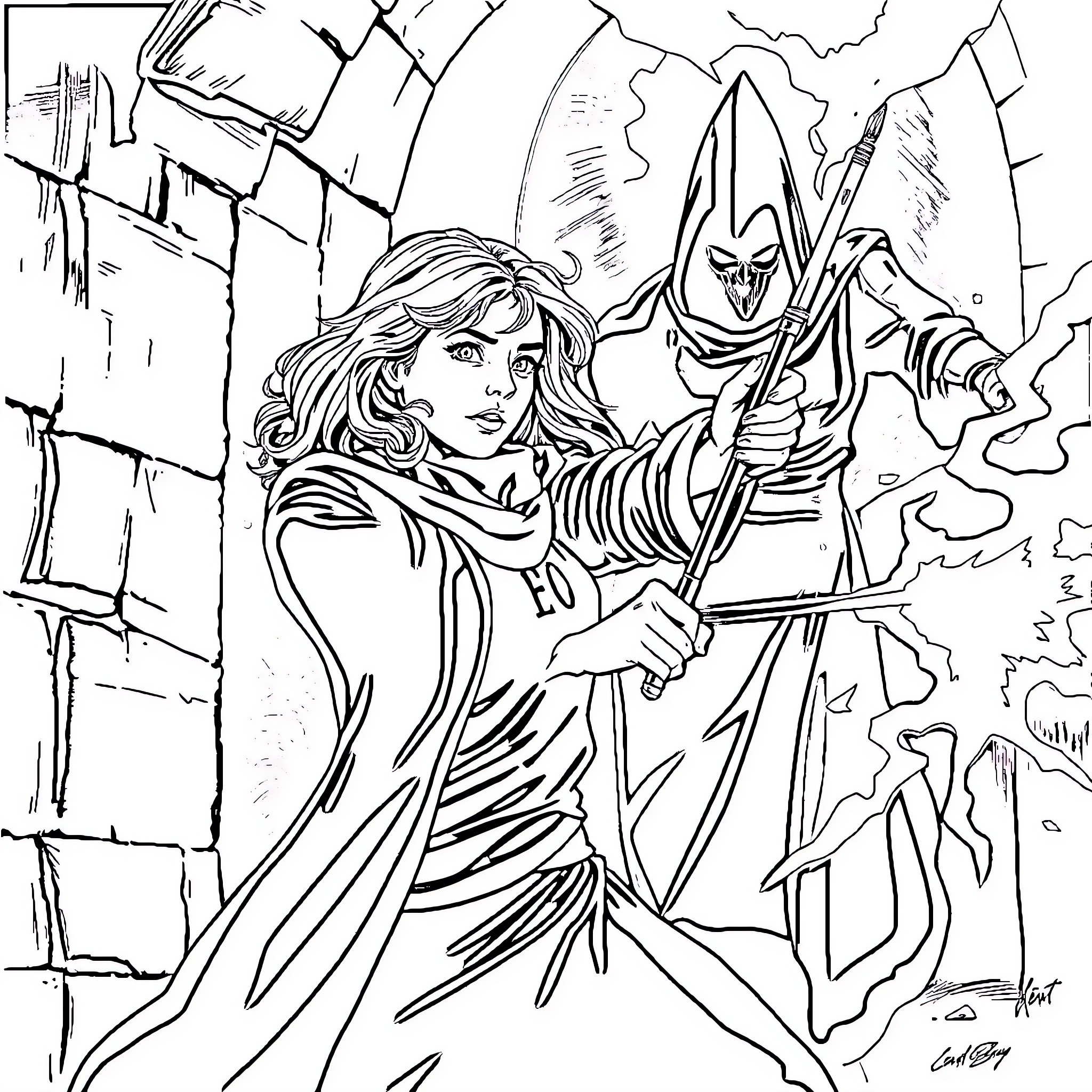 Hermione facing a daunting adversary in a fantastical setting Coloring Page (free black-and-white line drawing printable PDF for all, from beginners to advanced learners, including children, teens, adults, and seniors)