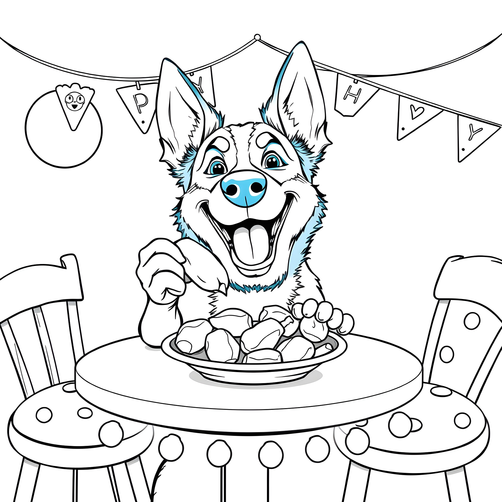 Bluey enjoying a treat at the party Coloring Page (free black-and-white line drawing printable PDF for all, from beginners to advanced learners, including children, teens, adults, and seniors)