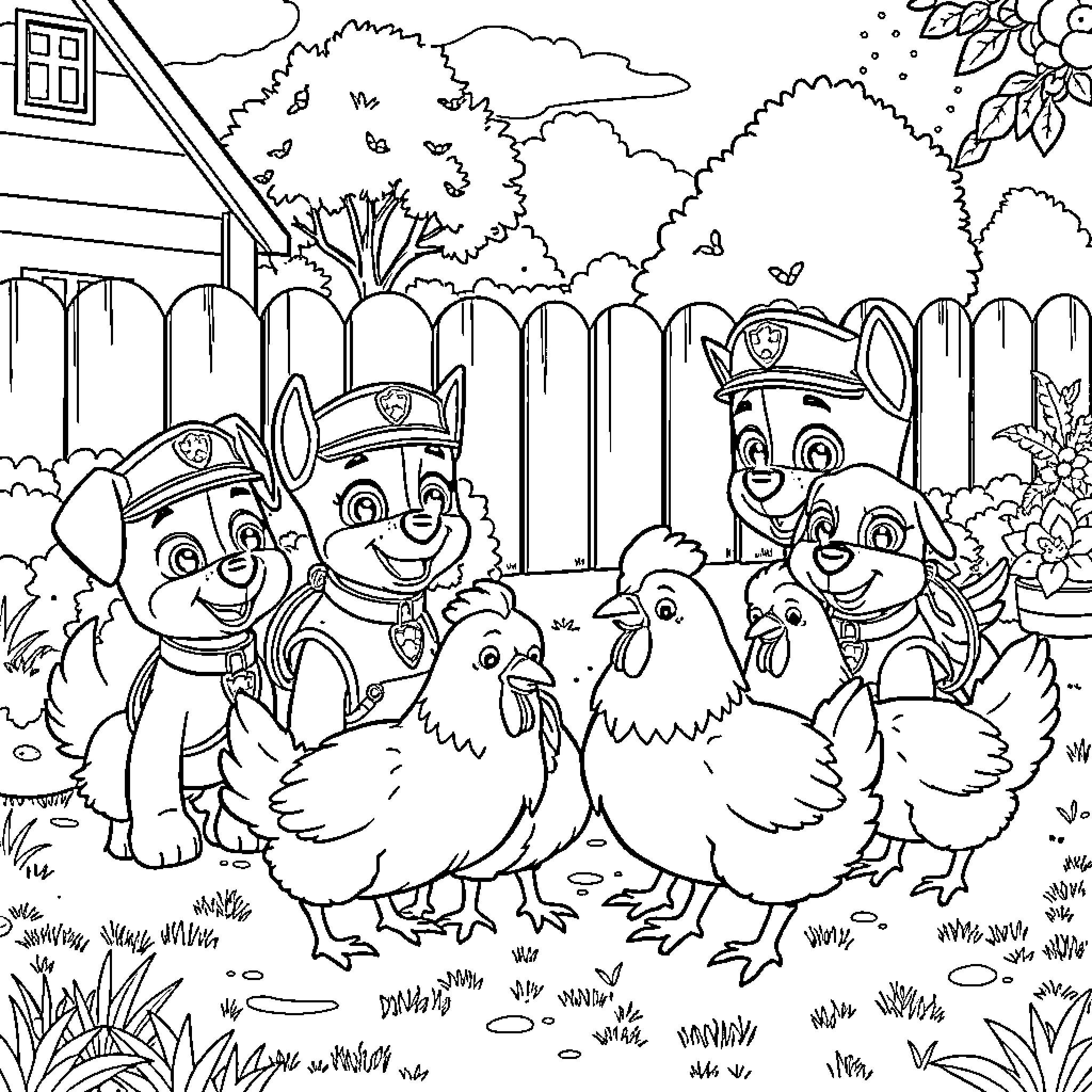 Paw Patrol Pups Interact with Farmyard Animals Coloring Page (free black-and-white line drawing printable PDF for all, from beginners to advanced learners, including children, teens, adults, and seniors)