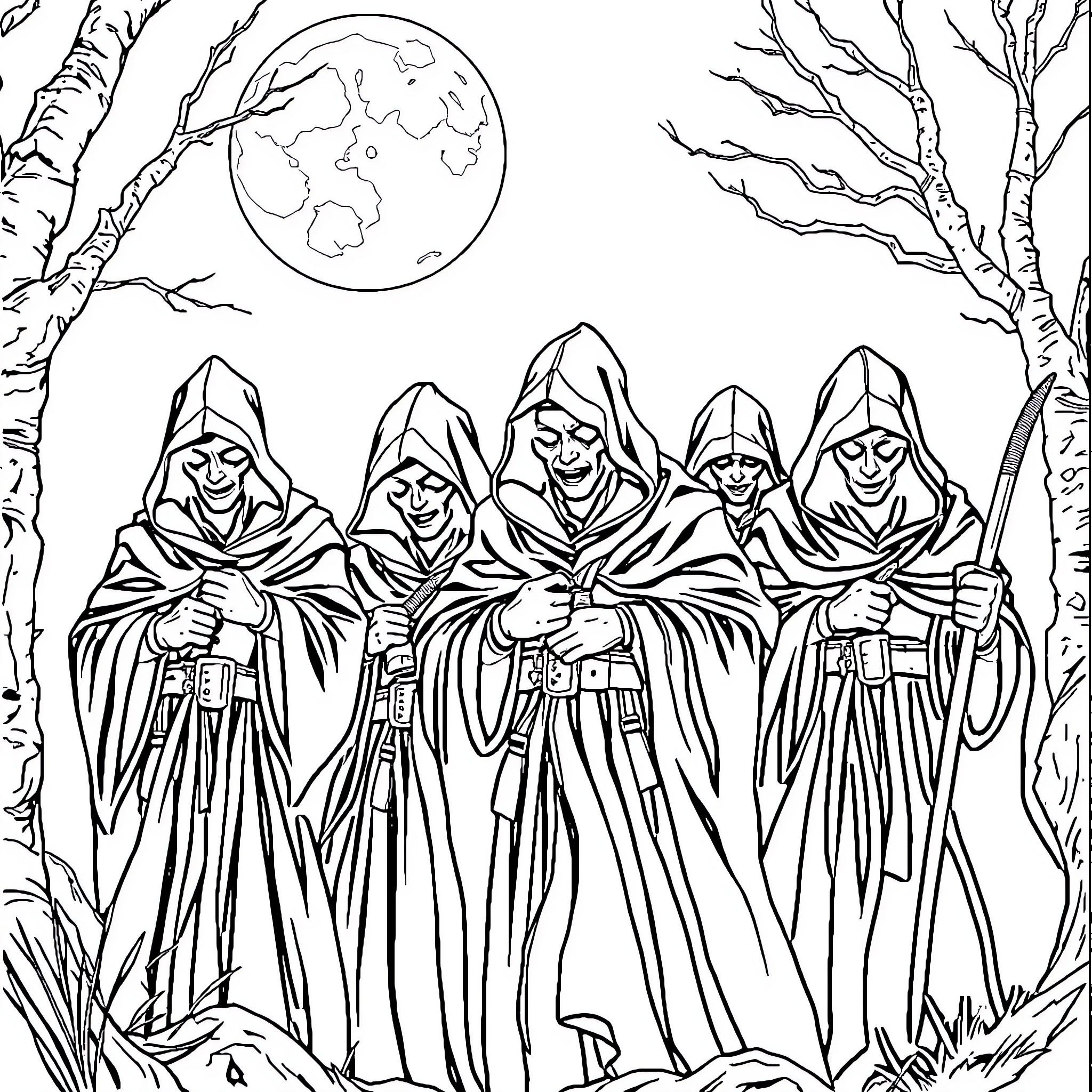 Thief cloaked figures in the moonlit forest Coloring Page (free black-and-white line drawing printable PDF for all, from beginners to advanced learners, including children, teens, adults, and seniors)