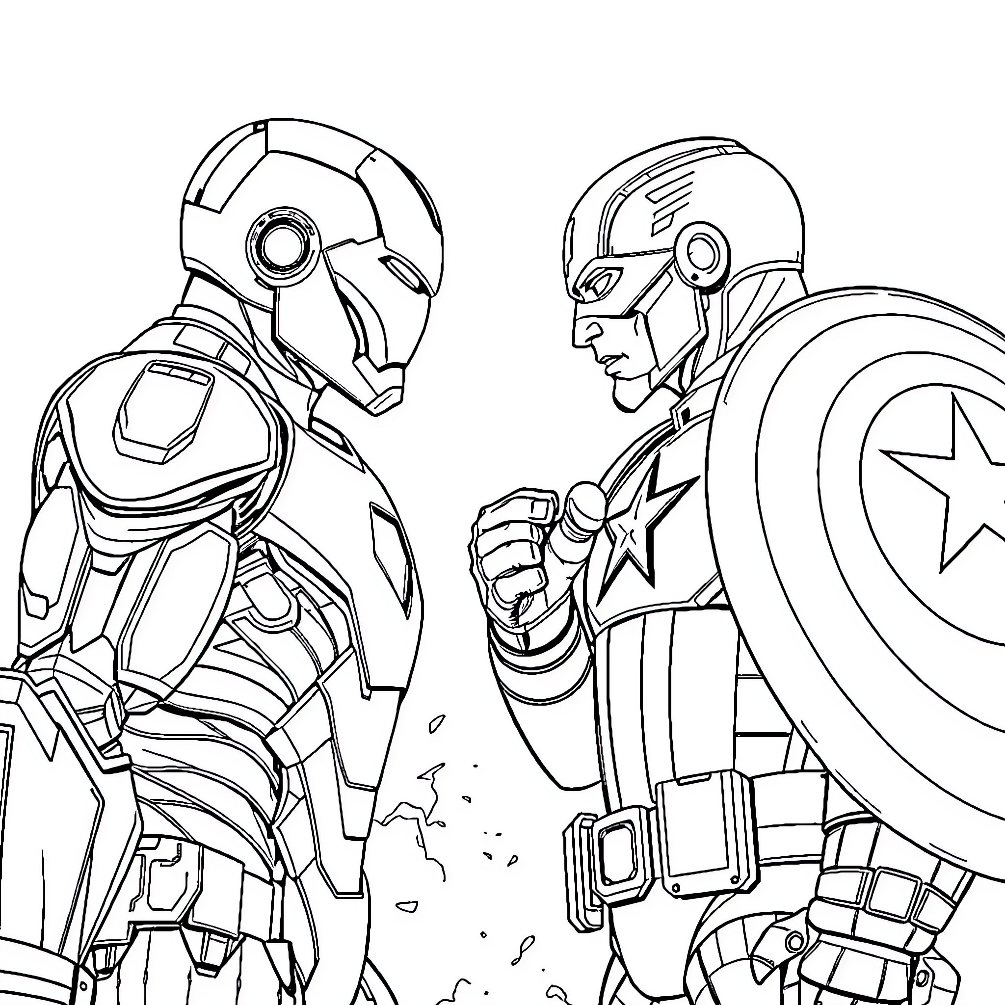 Iron Man and Captain America in heroic poses Coloring Page (free black-and-white line drawing printable PDF for all, from beginners to advanced learners, including children, teens, adults, and seniors)