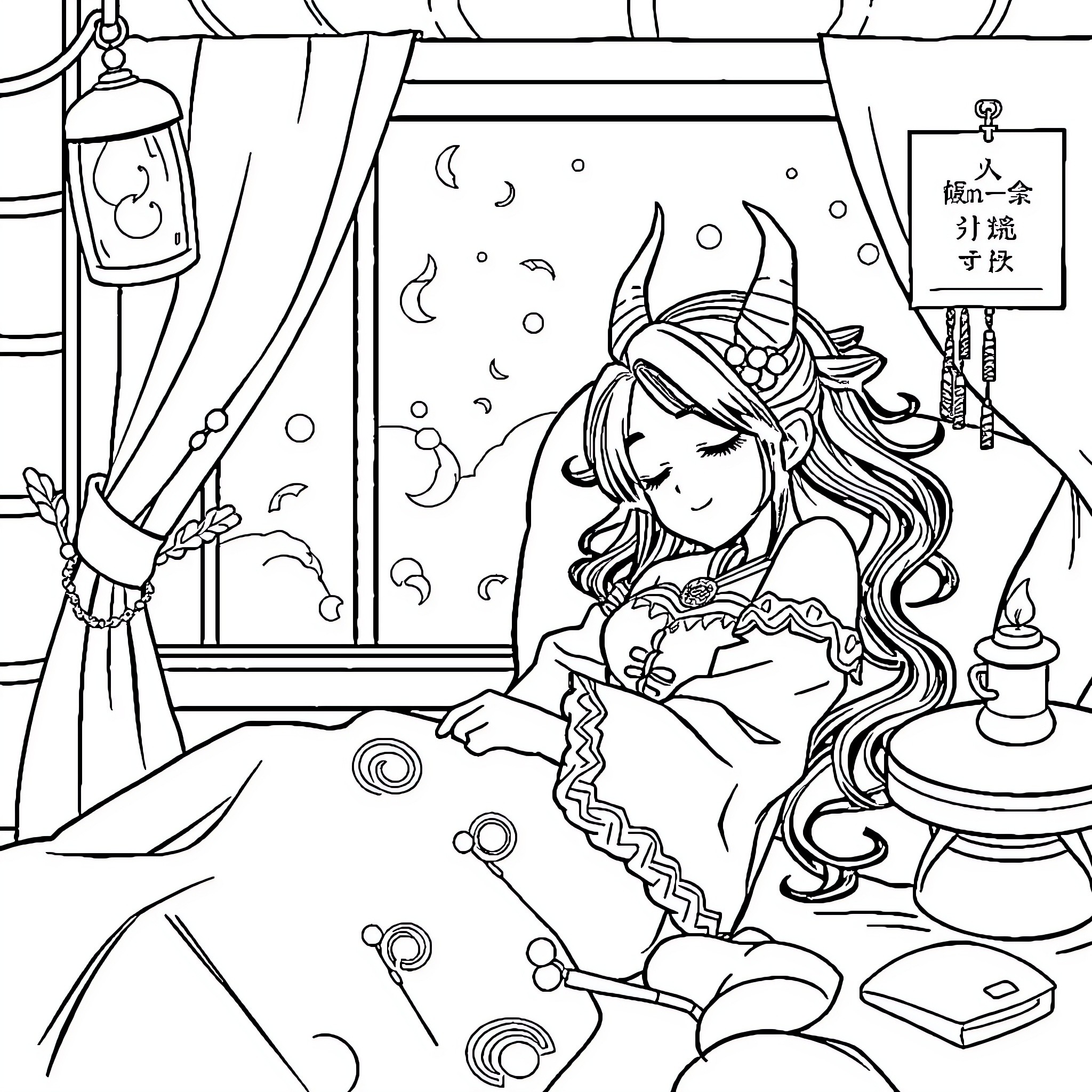 Nezuko cozy at home with her favorite things Coloring Page (free black-and-white line drawing printable PDF for all, from beginners to advanced learners, including children, teens, adults, and seniors)