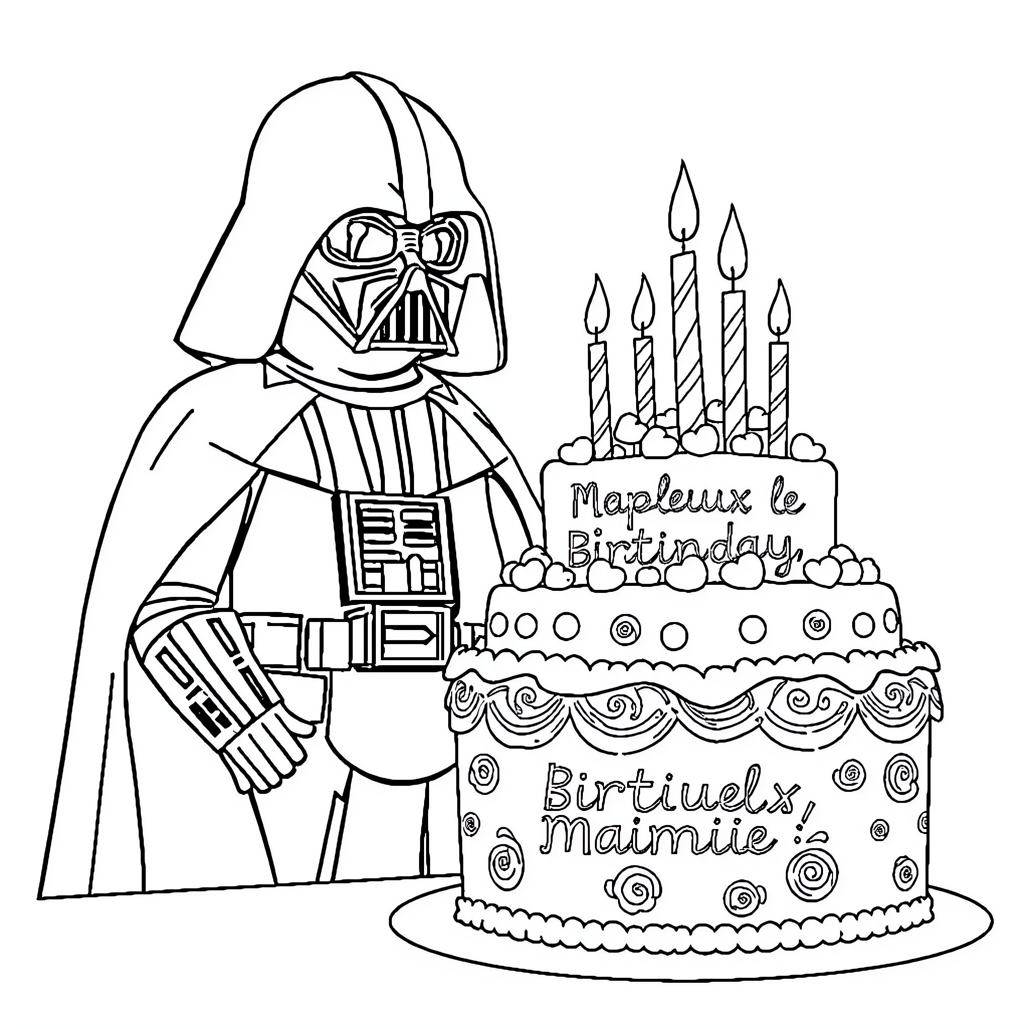 Darth Vader celebrating birthday with cake Coloring Page (free black-and-white line drawing printable PDF for all, from beginners to advanced learners, including children, teens, adults, and seniors)