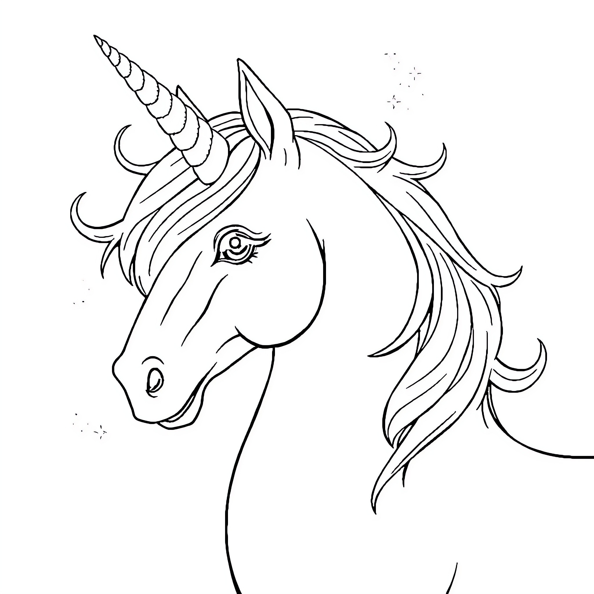 Unicorn with flowing mane and horn Coloring Page (free black-and-white line drawing printable PDF for all, from beginners to advanced learners, including children, teens, adults, and seniors)