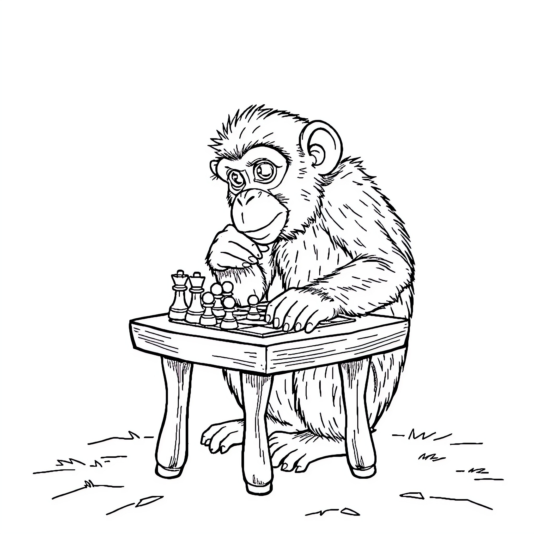 Monkey playing chess on a wooden table Coloring Page (free black-and-white line drawing printable PDF for all, from beginners to advanced learners, including children, teens, adults, and seniors)