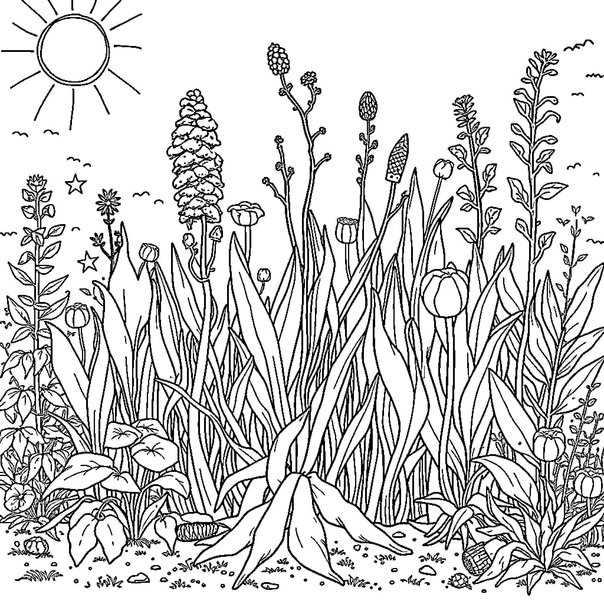 Brainroot: A Vibrant Garden of Botanical Wonders Coloring Page (free black-and-white line drawing printable PDF for all, from beginners to advanced learners, including children, teens, adults, and seniors)