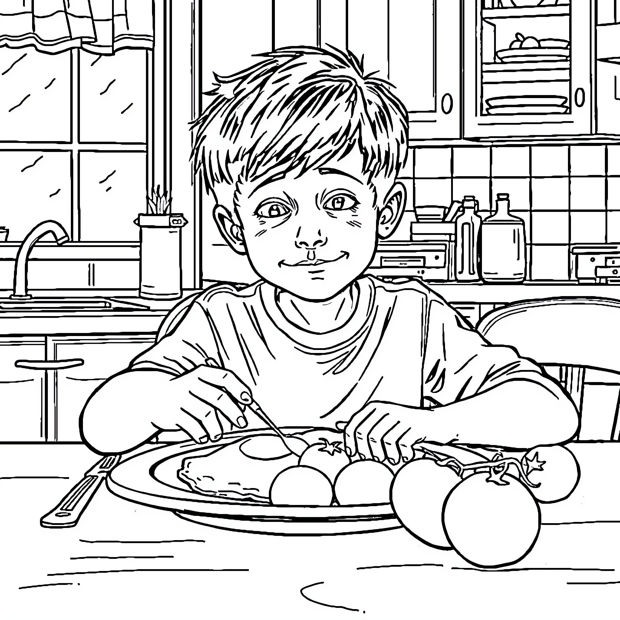 Son's Mealtime Moment in the Kitchen Coloring Page (free black-and-white line drawing printable PDF for all, from beginners to advanced learners, including children, teens, adults, and seniors)
