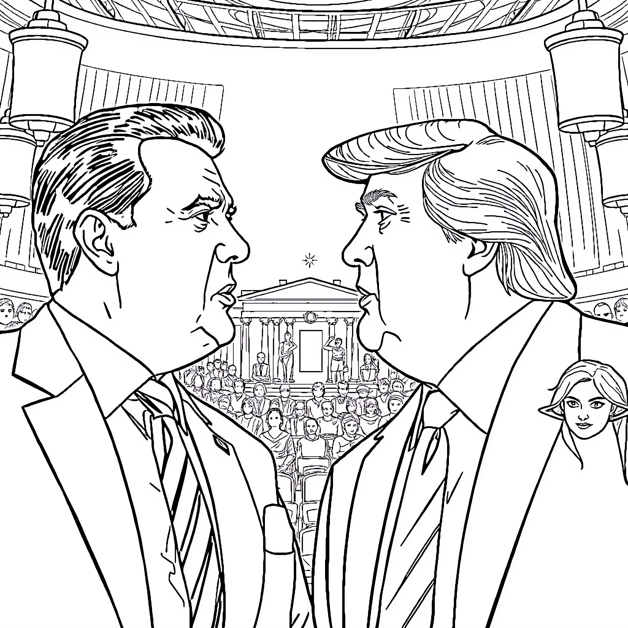 Maduro political figures in formal attire facing off Coloring Page (free black-and-white line drawing printable PDF for all, from beginners to advanced learners, including children, teens, adults, and seniors)