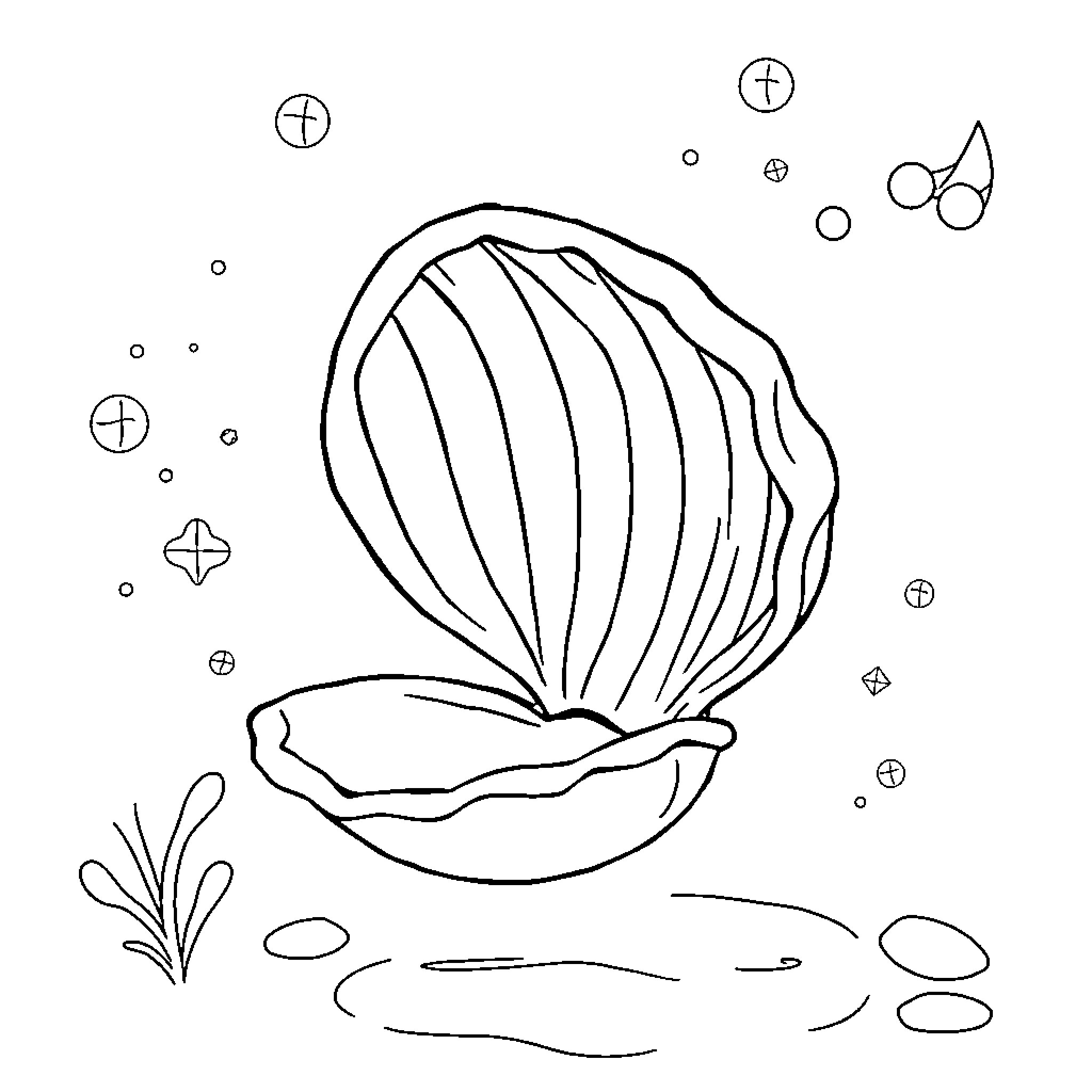 Clamshell resting on the seabed Coloring Page (free black-and-white line drawing printable PDF for all, from beginners to advanced learners, including children, teens, adults, and seniors)