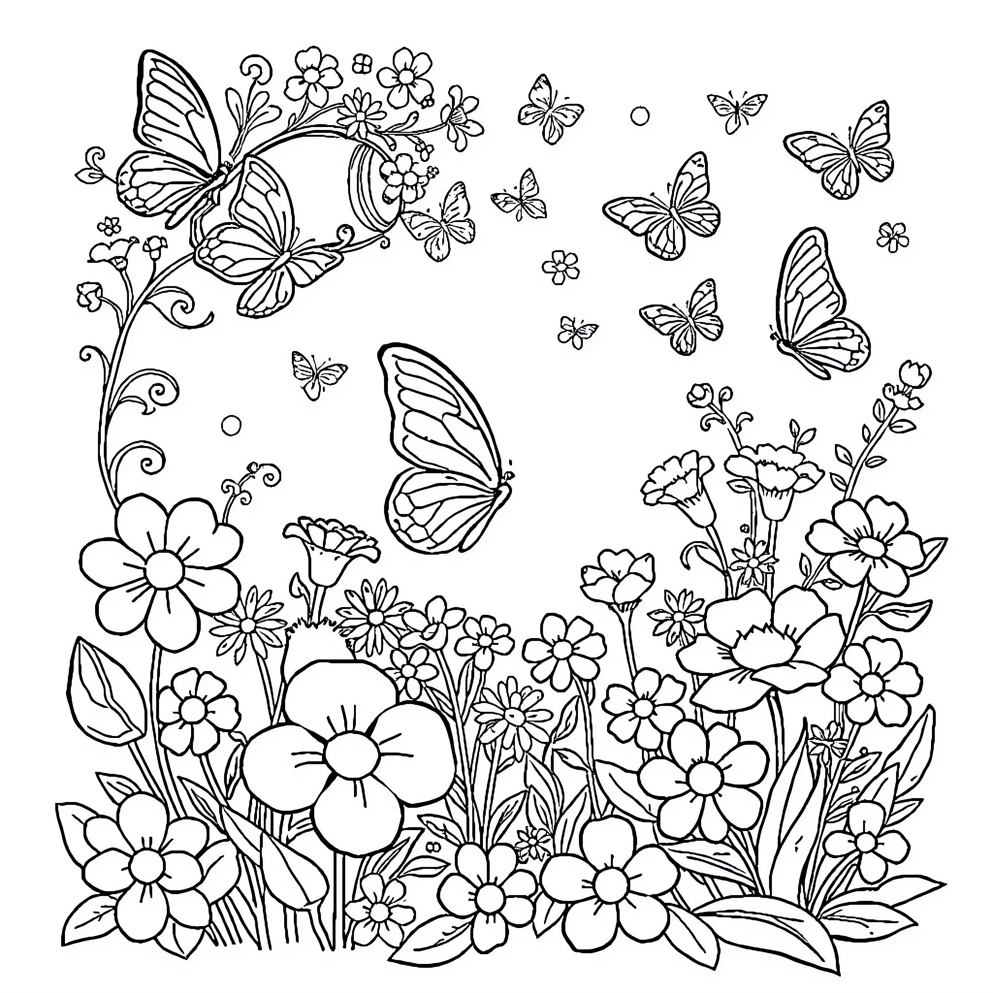 Melody of Butterflies and Blossoms Coloring Page (free black-and-white line drawing printable PDF for all, from beginners to advanced learners, including children, teens, adults, and seniors)
