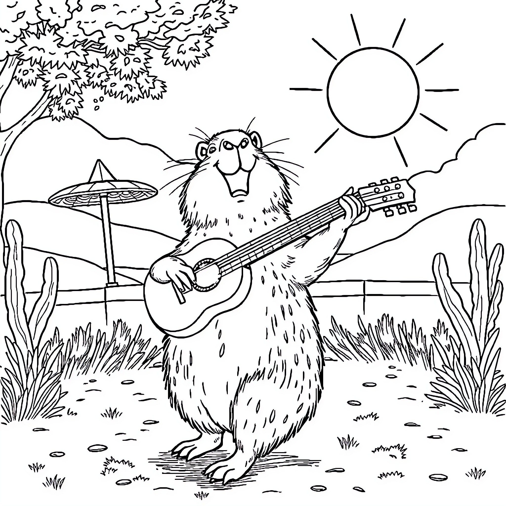 Capybara playing guitar in the desert landscape Coloring Page (free black-and-white line drawing printable PDF for all, from beginners to advanced learners, including children, teens, adults, and seniors)