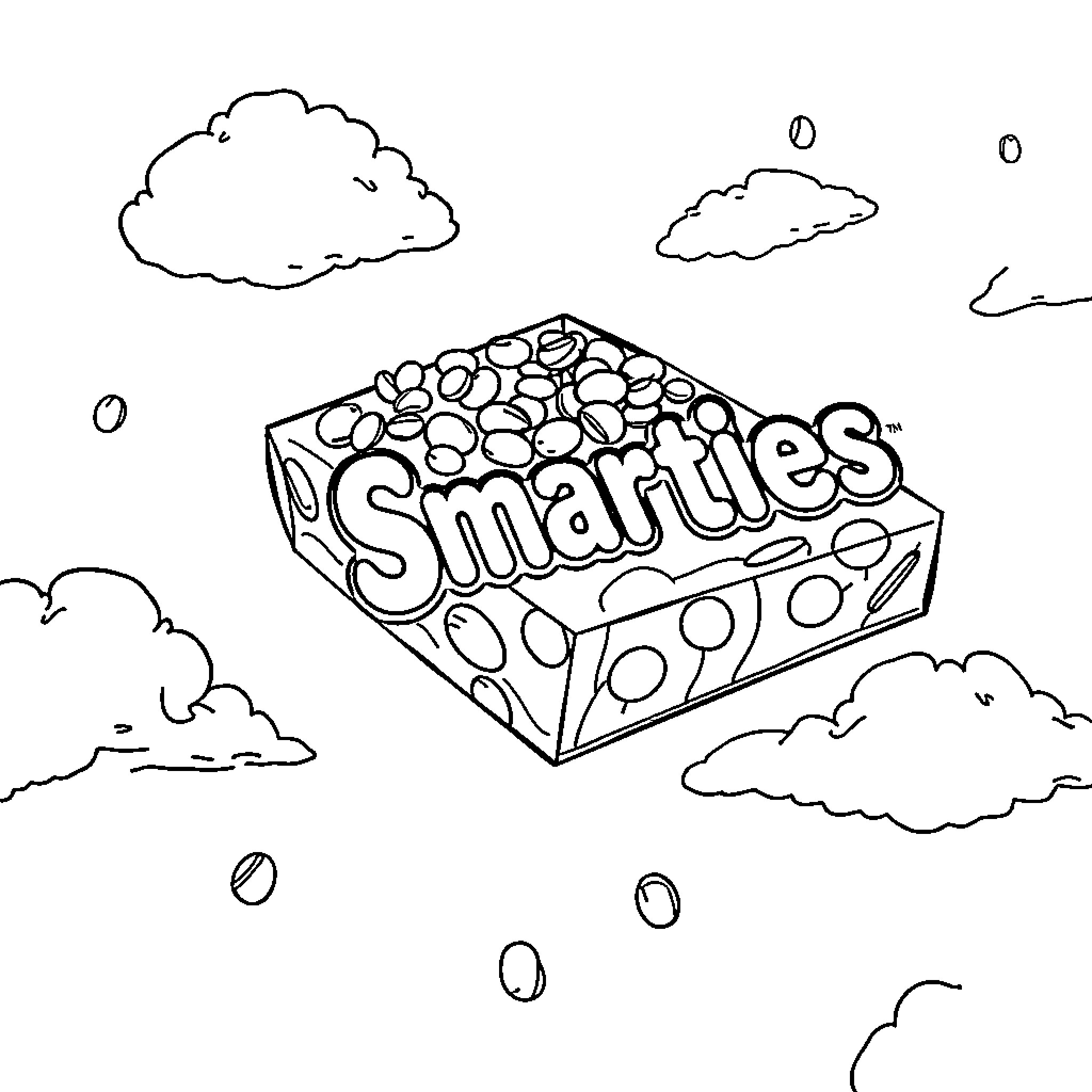 Smarties box floating in the sky Coloring Page (free black-and-white line drawing printable PDF for all, from beginners to advanced learners, including children, teens, adults, and seniors)