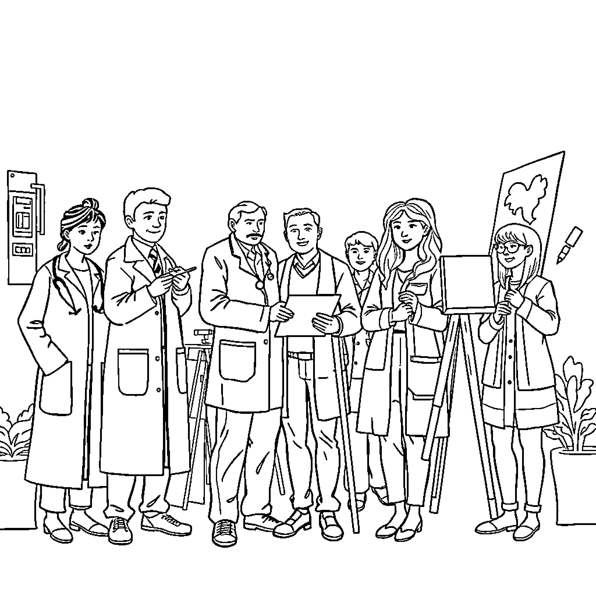 Profession of Medical Team Collaboration Coloring Page (free black-and-white line drawing printable PDF for all, from beginners to advanced learners, including children, teens, adults, and seniors)